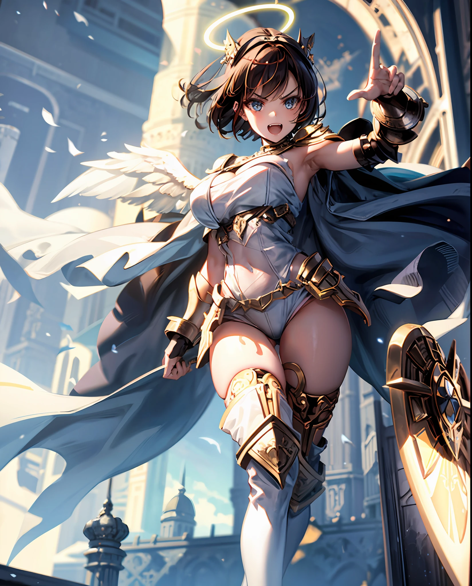 fantasy, 1angel_girl,child, loli,brown_hair, medium_bob_hair, long_bangs, halo,bare_shoulder,thighhighs,silver_armor, waist_armor, large_breasts,angry,grinning,open_mouth_teeth, 1pair_wings, dynamic_pose_fighting,floating, bare_crotch, headgear,gauntlet, greaves,city_sky_background,slightly_spread_legs, solo, groin_naked