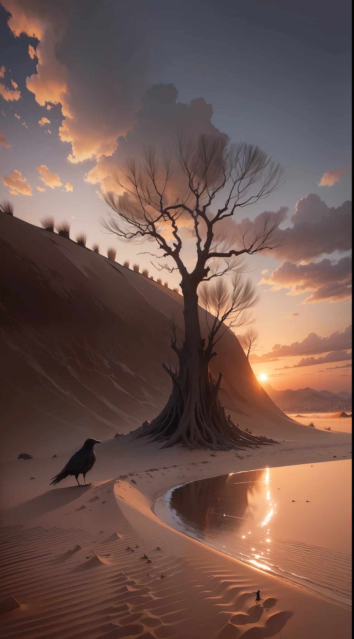 Sunset, lonely city, sand dunes, desolate tree stumps stand a black crow, full of light, sad feeling!
