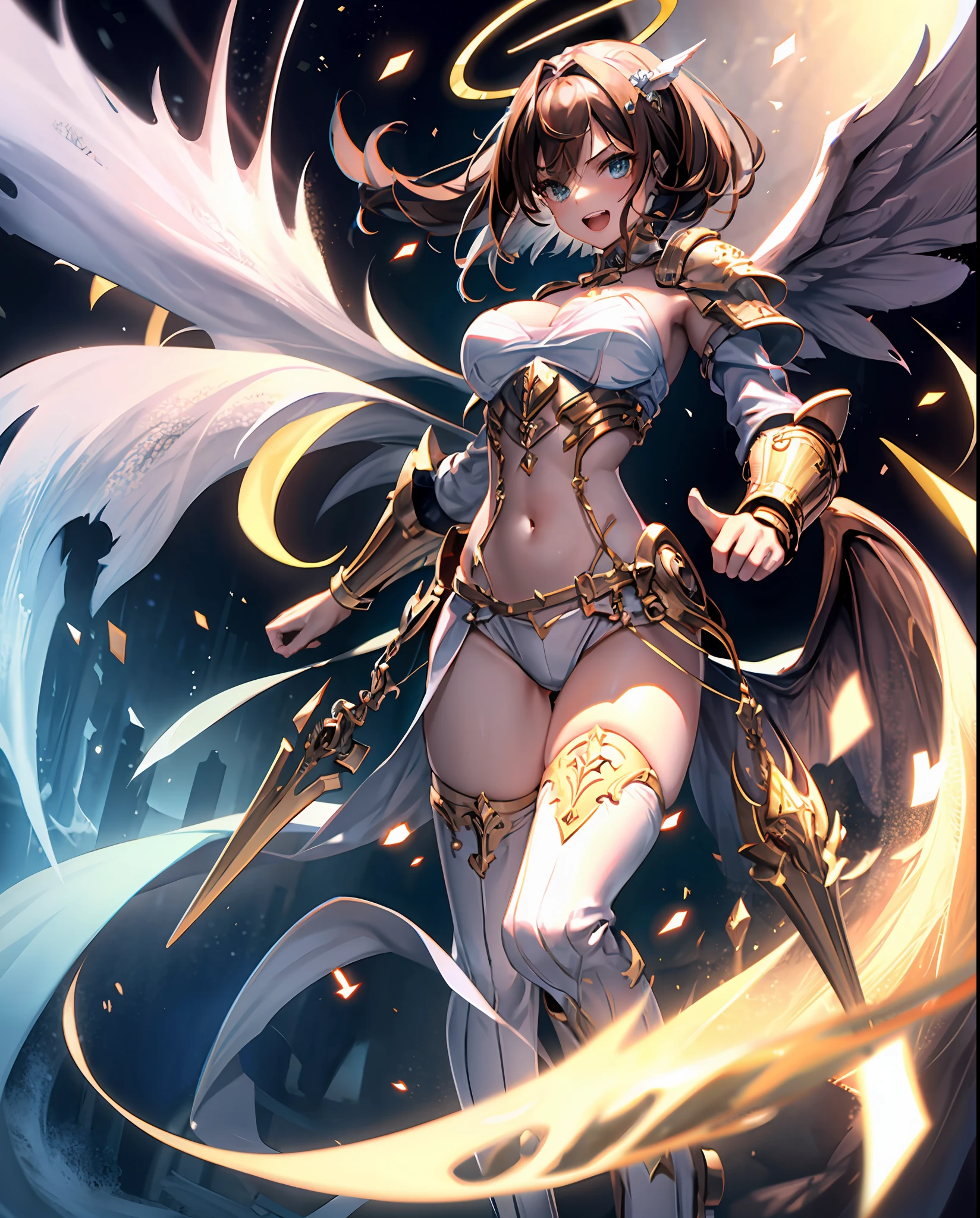 fantasy, 1angel_girl,child, loli,brown_hair, medium_bob_hair, long_bangs, halo,bare_shoulder,thighhighs,silver_armor, waist_armor, large_breasts,angry,grinning,open_mouth_teeth, 1pair_wings, dynamic_pose_fighting,floating, bare_crotch, headgear,gauntlet, greaves,city_sky_background,slightly_spread_legs, solo, groin_naked