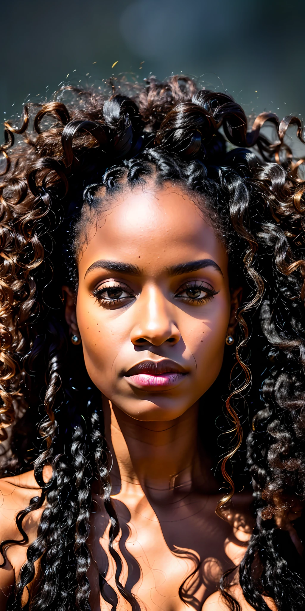 (8k, RAW photo, highest quality), a nude beautiful woman with long curly hair and a black background is looking at the camera with a serious look on her face, (black skin woman)++, Chinwe Chukwuogo-Roy, portrait photography, defined facial features, studio portrait, a portrait, american barbizon school, vsco, age 20, European model, (8k UHD:1.1), (film grain:1.1), (raw photo:1.1), full resolution, highly detailed skin, detailed hair, dslr, sharp focus, high definition, high quality photography, intricate