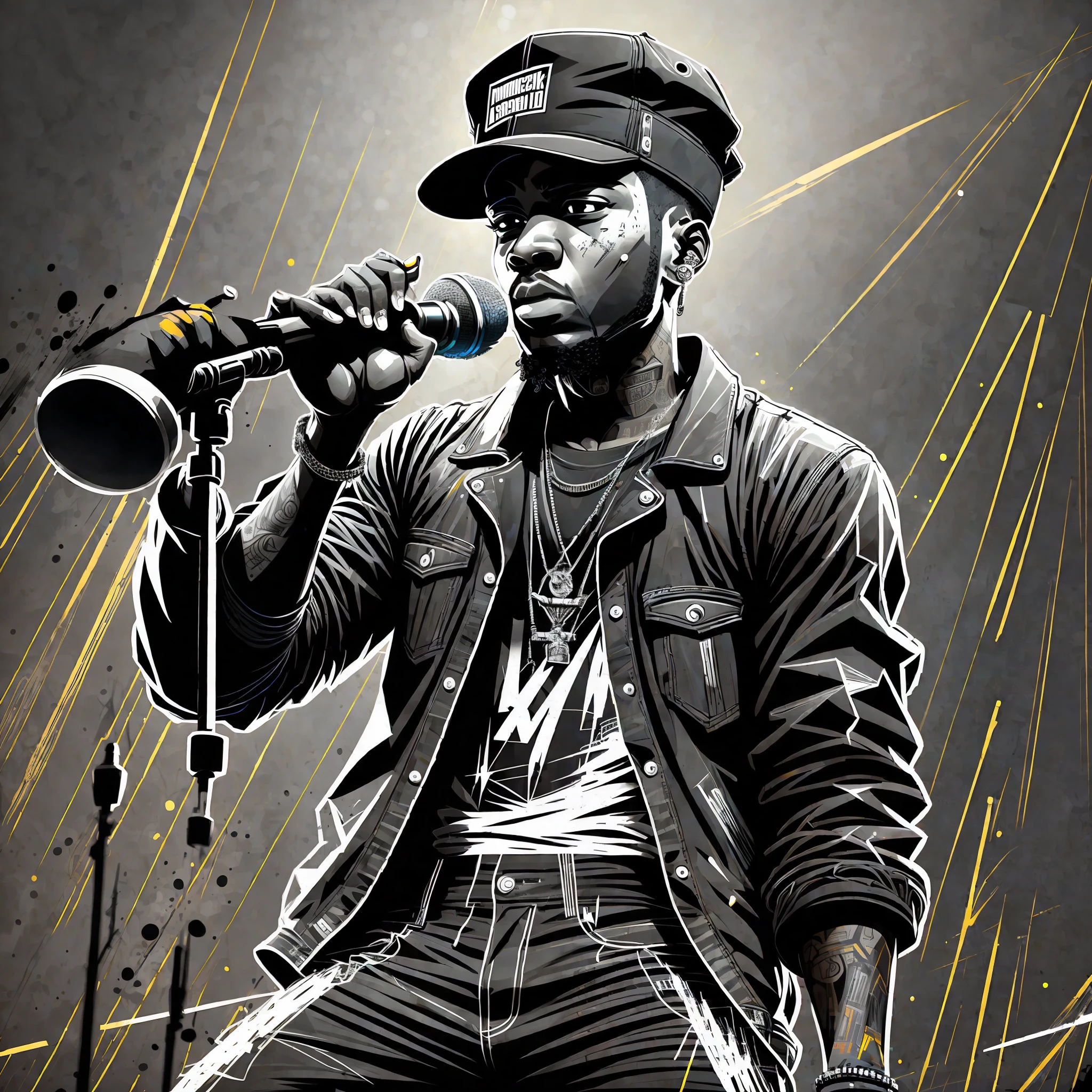 rapper singer on stage with microphone in hand, detailed, ultra realistic, (masterpiece:1.4), 32k Ultra Hd, rock concert, light black pants, maximum quality, night, light black, stylish, band, (painting inspired by real life, maximum reality, maximum detail, black cap, rapper, rapper --auto --s2