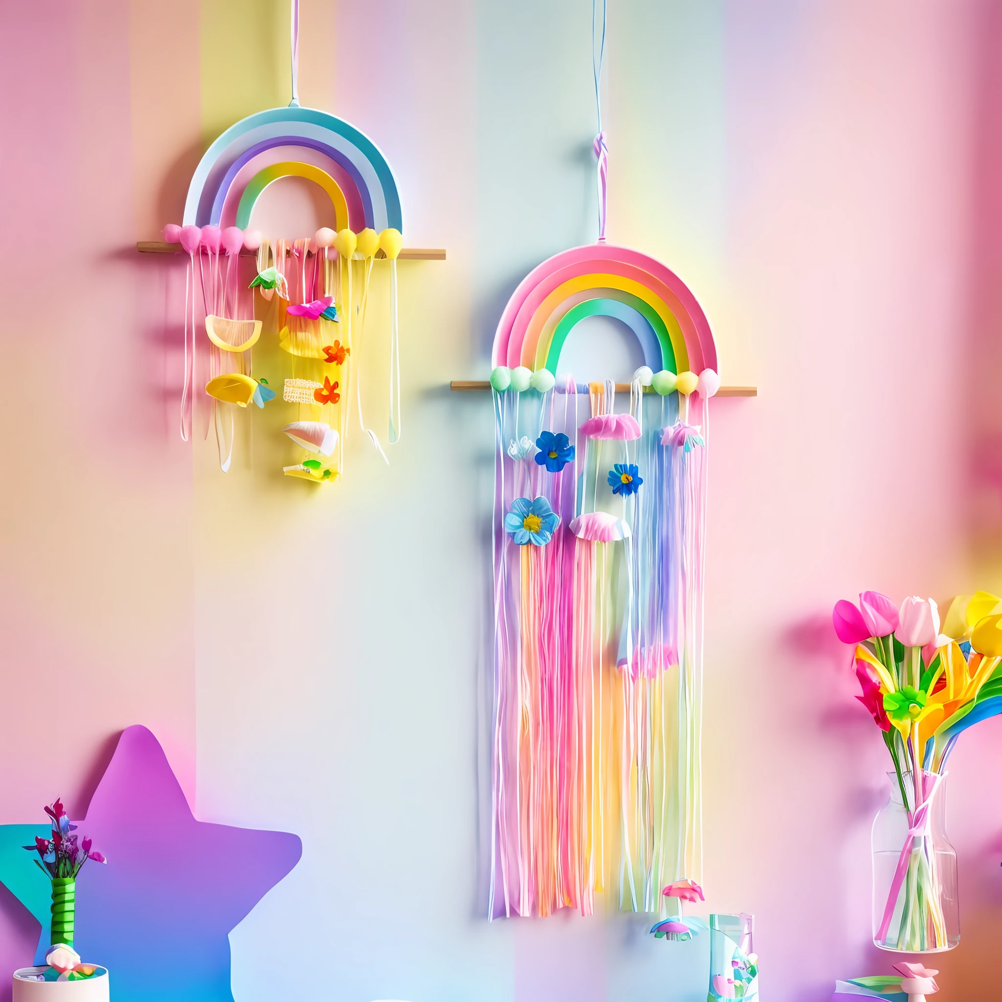 there are two rainbows hanging on the wall next to a vase of flowers, pastel rainbow, cute colorful adorable, rainbow, soft rainbow, wind chimes, rainbow colored, playful and cheerful, adorable and whimsical, ribbons, streamers, ethereal rainbows, (pink colors), whimsical and cute, hanging rope, rainbows, ribbons and flowers, hight decorated, colorful pigtail