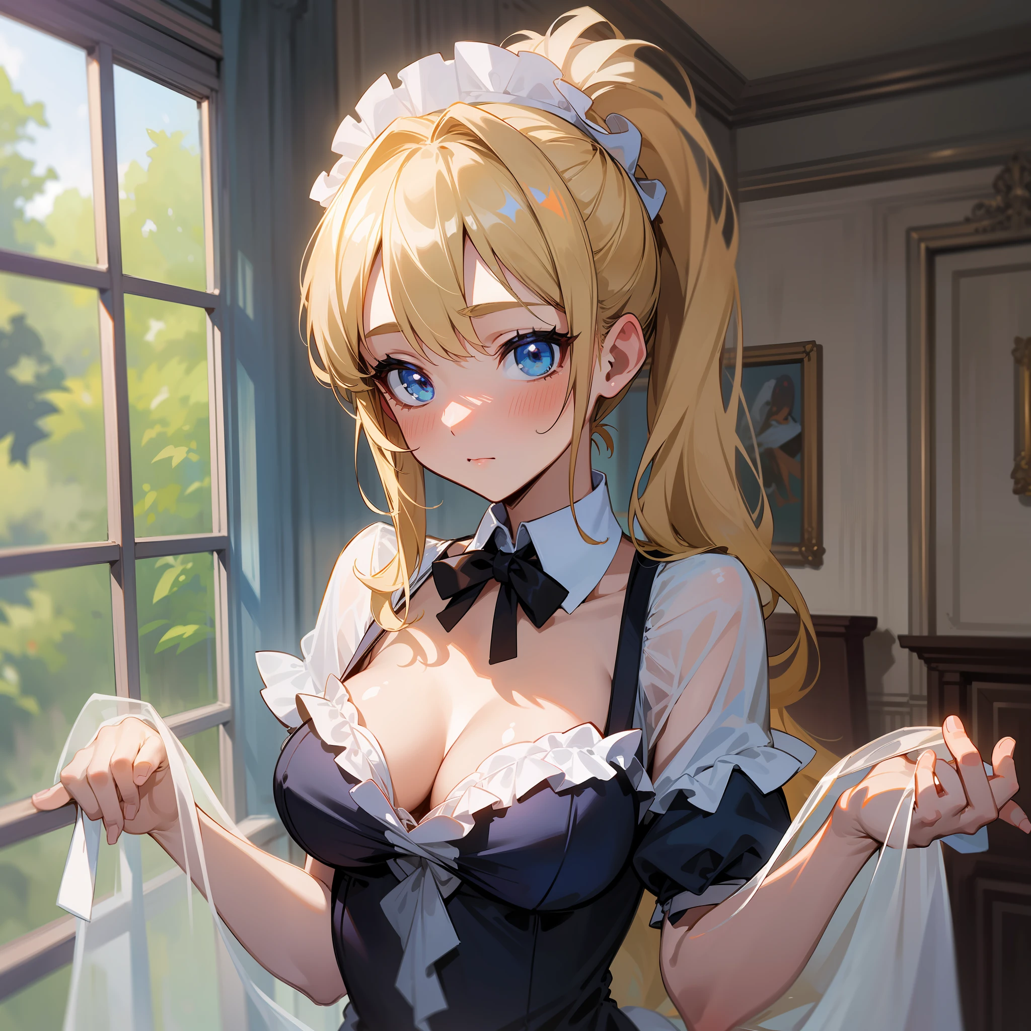 ((8k, masterpiece, highest quality)), super high resolution, best shadow, illustration, high detail, very detailed, solo, blonde hair, beautiful hair, blue eyes, shining beautiful eyes, transparent maid clothes, beautiful maid clothes, underwear see-through, calm look, cute, medium half-up ponytail, medium chest, cleavage, slender, white and beautiful body, shy, blush, constricted, upper body, cowboy shot, panties visible, starting point seen from the front