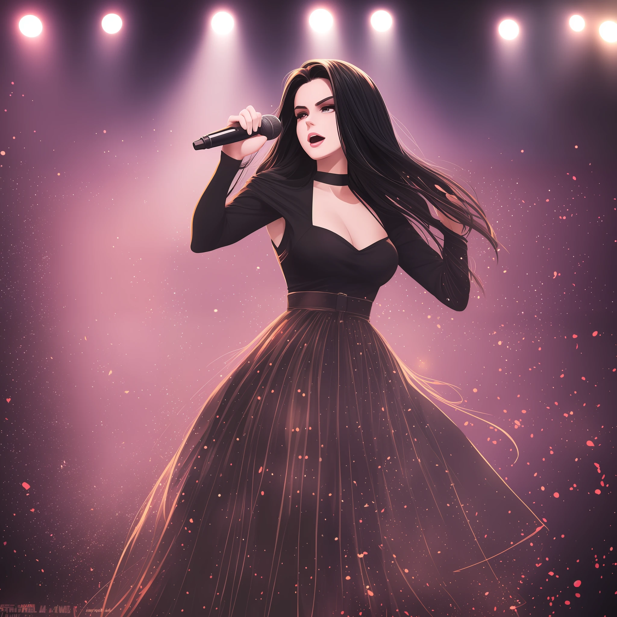 woman singing on stage, droopy look, strong look, detailing, maximum quality, black clothing, (masterpiece:1.4), black hair slightly over the face, fair skin, attractive, beautiful, flashy, (full body painting), thin waist, ((8K ULTRA HD)), stage show, realism, real life, (realism:1.7), lana del rey, singer --auto --s2