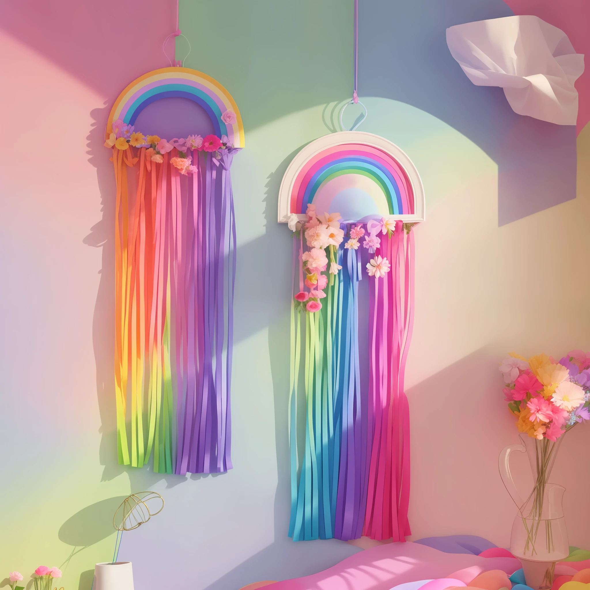 there are two rainbows hanging on the wall next to a vase of flowers, pastel rainbow, cute colorful adorable, rainbow, soft rainbow, wind chimes, rainbow colored, playful and cheerful, adorable and whimsical, ribbons, streamers, ethereal rainbows, (pink colors), whimsical and cute, hanging rope, rainbows, ribbons and flowers, hight decorated, colorful pigtail