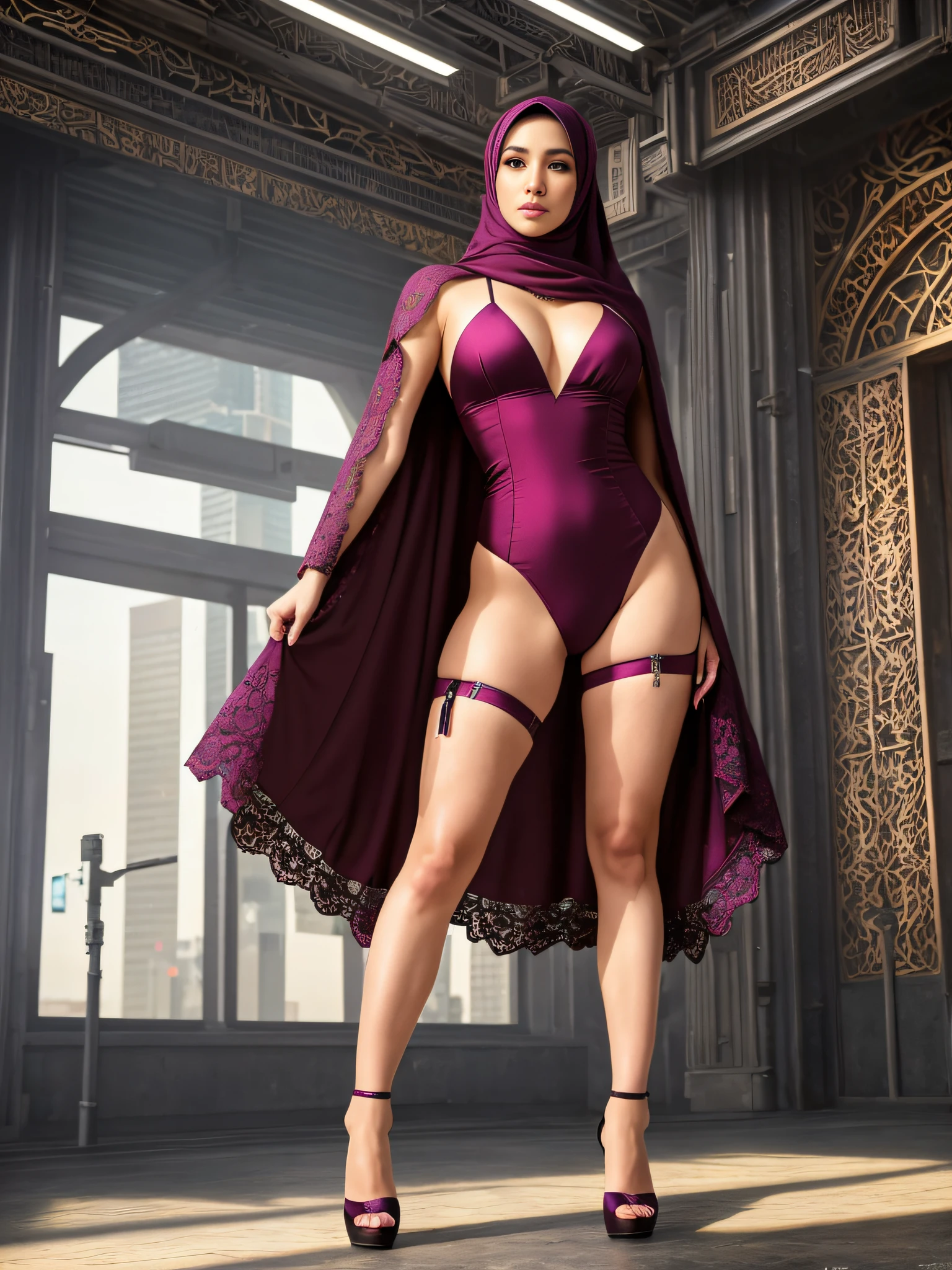 (Full length body) photo stunning (hijab)1.2 woman solo, semi-open strawberry lips, dimples, wistful look, (extra long wavy [brown|blonde:0.5] hair), ((detailed face)), ((detailed facial features)), (finely detailed skin), perfect thighs and legs, pale skin, (deep neckline detailed high-tech cyberpunk tight  dress), (high stockings), stiletto pumps, standing legs parted, front view, cyberpunk megacity oriental Arabic Persian city, hanging garden background, (cool colors), lace silk cotton fabric, reflections, (masterpiece) (perfect proportion)(realistic photo)(best quality)  (detailed) shot on a Canon EOS R5, F/2.8, HDR, (8k) (wallpaper) (cinematic lighting) (dramatic lighting) (sharp focus) (intricate), RAW photo, stockings straps, stiletto, arms back, 8k uhd dslr, Fujifilm XT3, extremely detailed, photorealistic, incredibly absurd, highly detailed,  Sharp Focus, (Professional Studio Lighting), (Professional Color Grading), Edge Lighting, Dramatic Lighting, Cinematic Lighting, Lumen Reflections, Soft Natural Lighting, Soft Color, Photon Mapping, Radiosity, (Beautiful Eyes), (Detailed Eyes), (Detailed Face), Symmetrical Eyes, Sharp Eyes, Cold Face, Full Body, Model Photo, Cinematic Photo, slim Bodybuilder