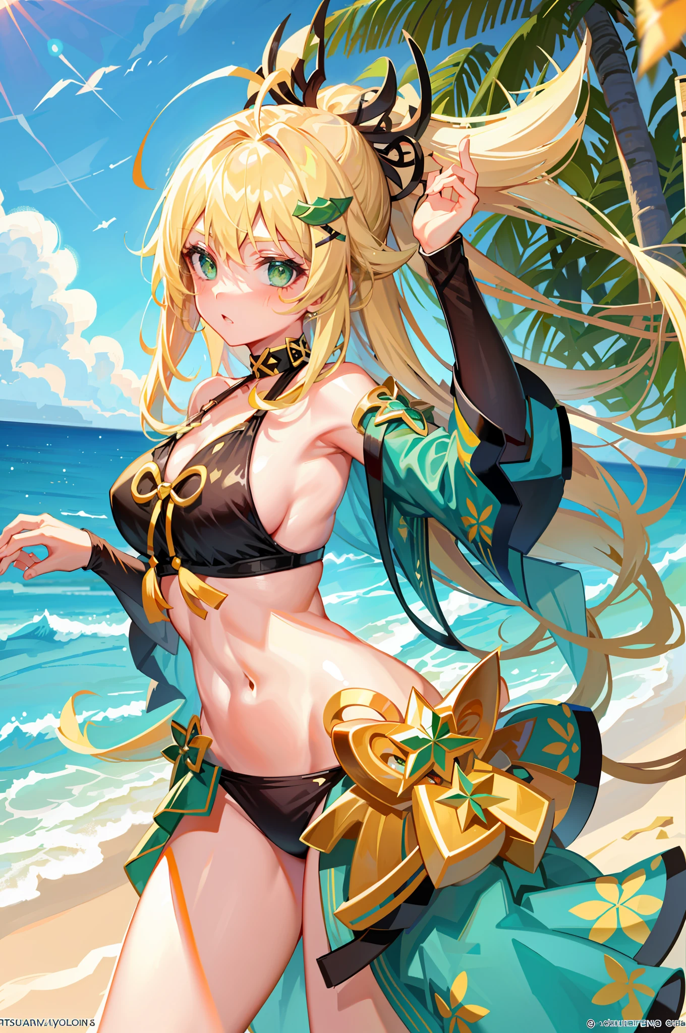 1girl, beautiful, green eyes, blonde hair 1girl, green eyes, ahoge, hair ornament, bikini, beach