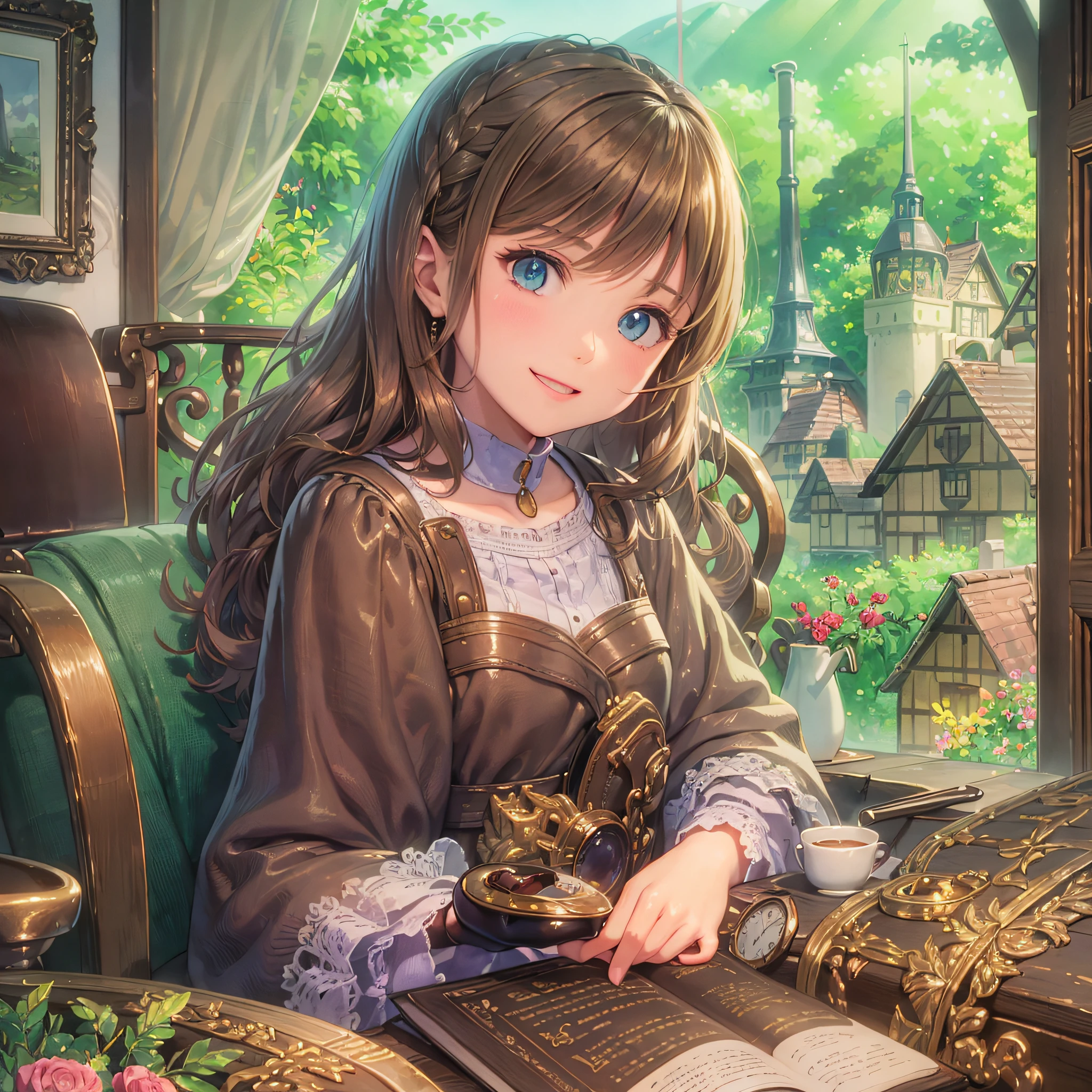 I want an ebook cover as if it were an illustration, containing a -yeld gi brunette, with a book in her hand, and a beautiful pet cat, in a beautiful and golden old castle, the girl is super happy and smiling --auto --s2