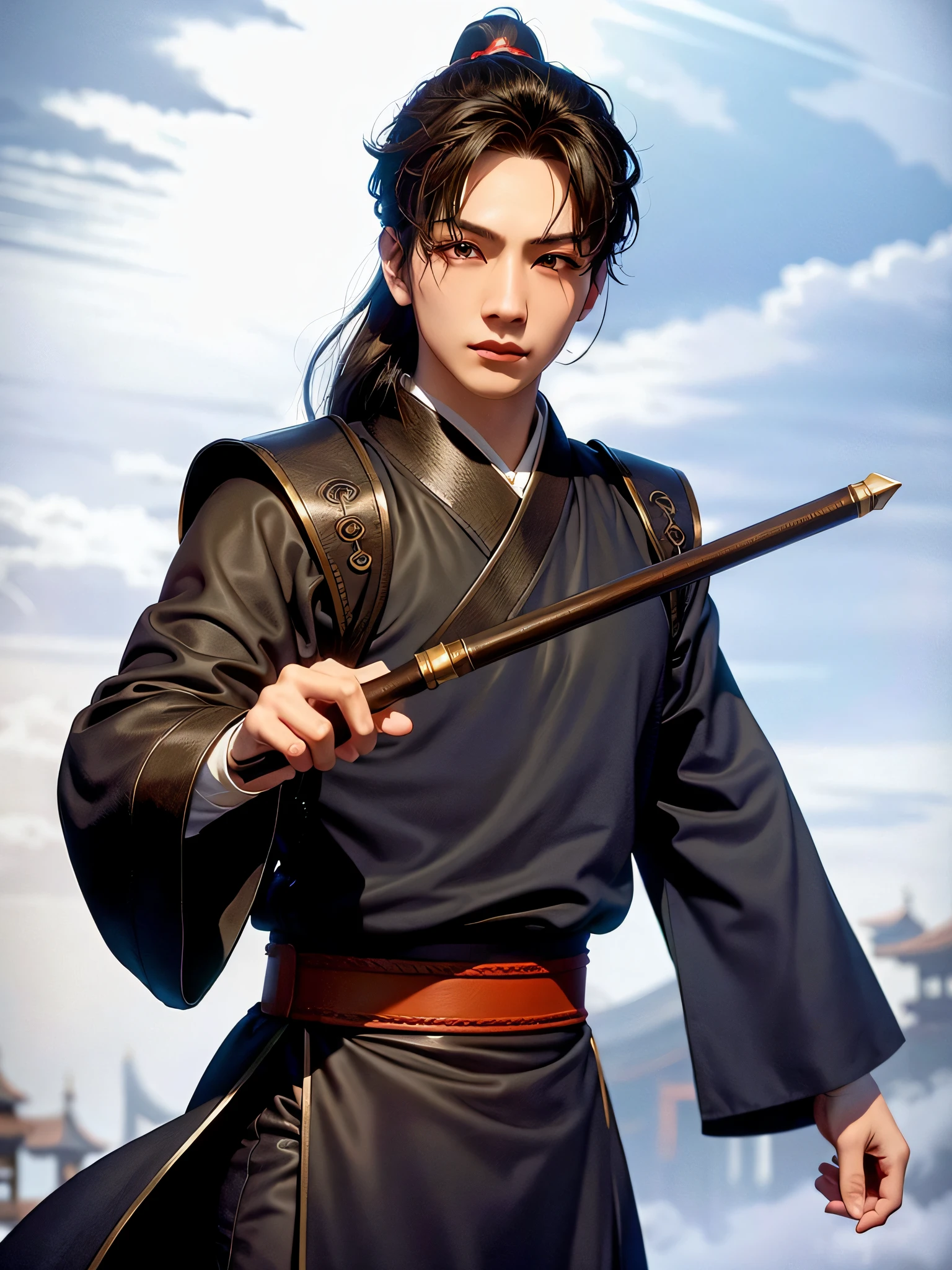(Positive Focus), (In the Dark: 1), (Best Quality), (Realisticity: 1), Realistic skin texture, highly detailed, 8k wallpaper, volumetric lighting, dynamic lighting, a boy, black hanfu, black ponytail long hair, black hair, black bandana, neck black bib, delicate eye portrayal, handsome, black Taoist robe, ancient style, wide robe with big sleeves, dynamic pose, dramatic composition, red belt, ancient architectural background, complex background, cloud and mist entanglement, fairy tale background, cloudy and mist, Taoist nature, Chinese Taoist, movie lighting,