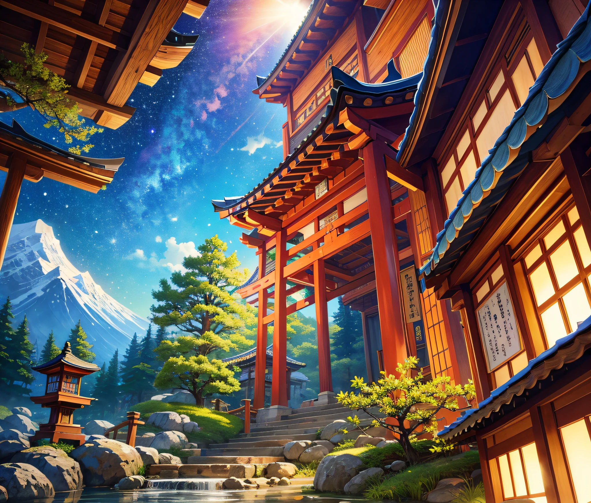 (masterpiece, top quality, best quality, official art, beautiful and aesthetic:1.2), extreme detailed,(fractal art:1.3),colorful,highest detailed in ultra detailed complex onsen, puddle, water, torii gate, japanese buildings,(best-quality:0.8), (best-quality:0.8), perfect anime illustration, BREAK steam