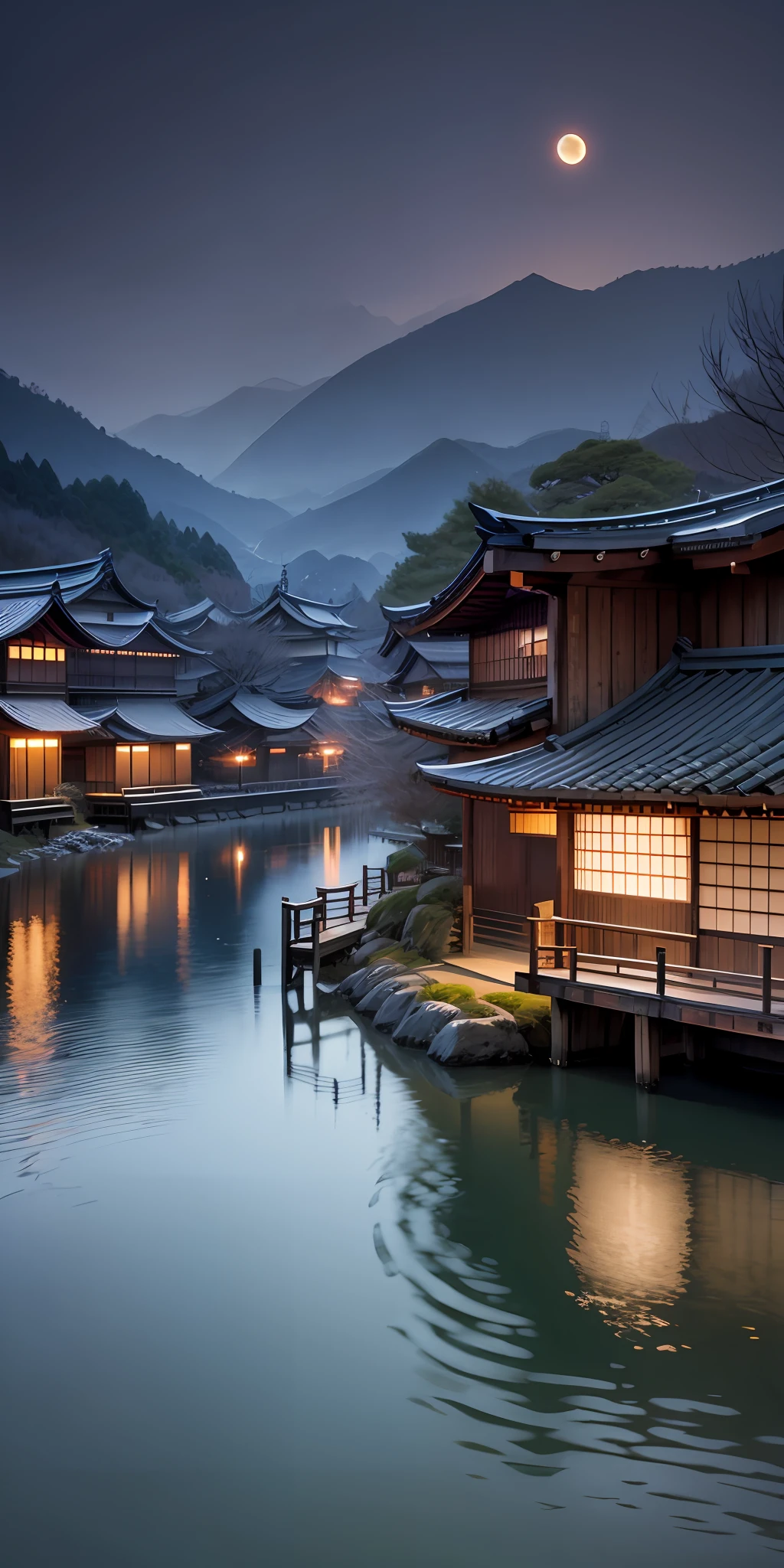 Old japanese building, nighttime, old japanese village, moon, dark, village under mountain, lake, --auto --s2
