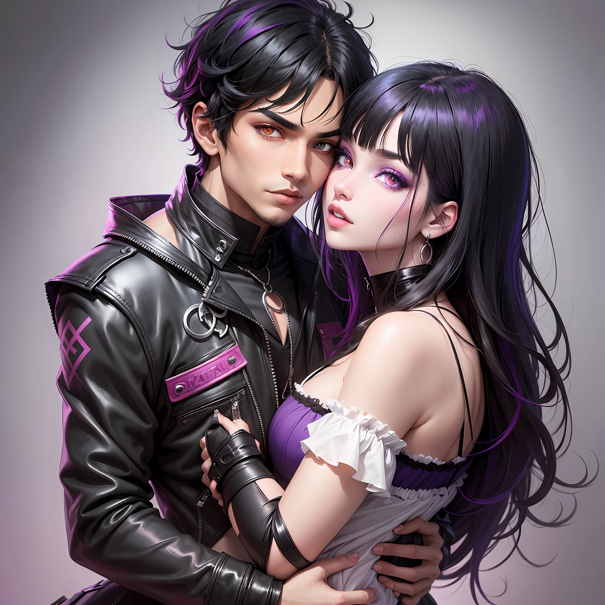Guy with Light skin with medium black hair, heterochromia, his left eye is orange and his right eye is green kissing a woman with Medium black hair with a front purple bang,white skin with pink eyes, goth clothes --auto --s2
