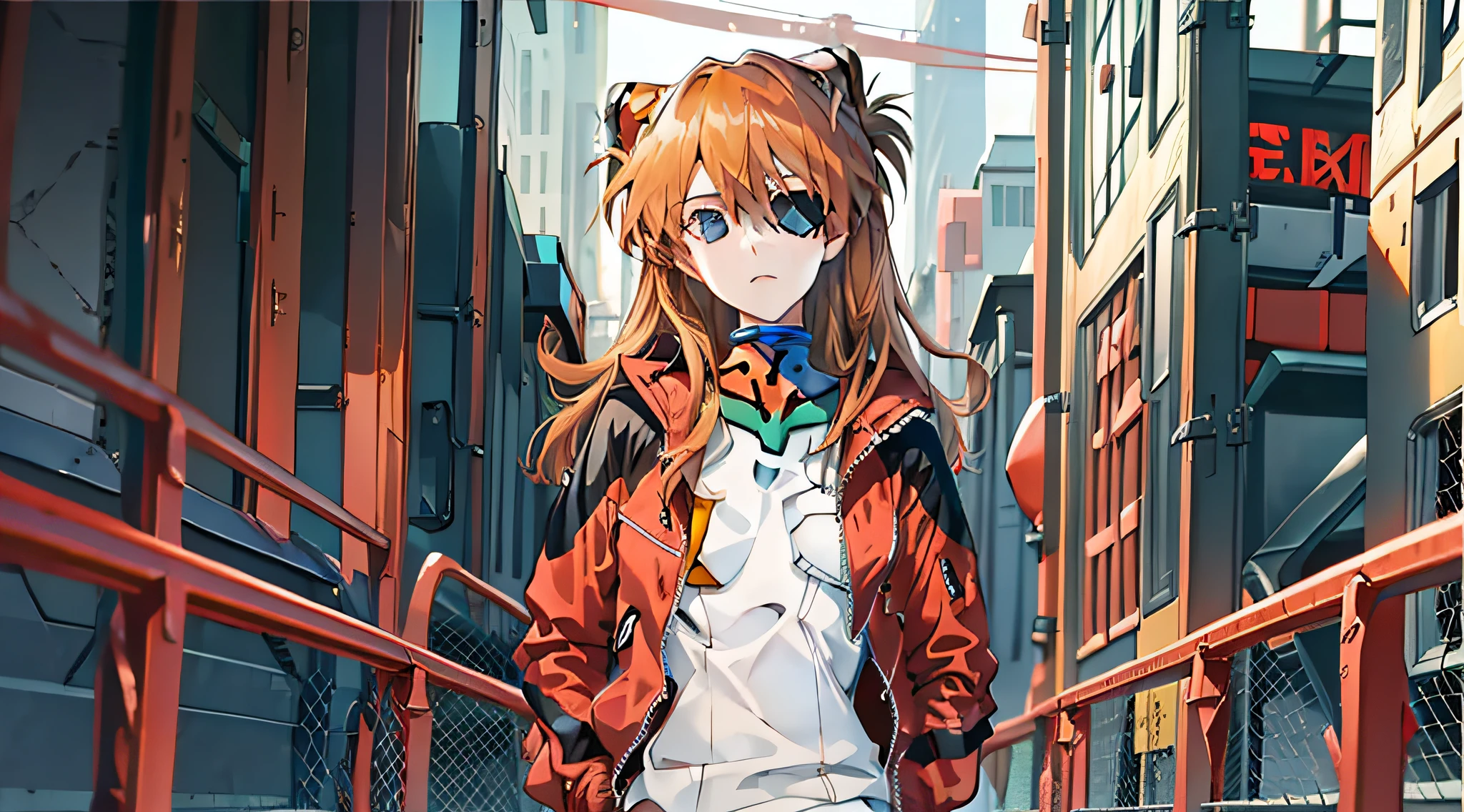 ((masterpiece,best quality, detailed)), outdoors, souryuu asuka langley, red jacket, bodysuit under clothes, cat hat, red bodysuit, eyepatch, hands in pockets, (tape)