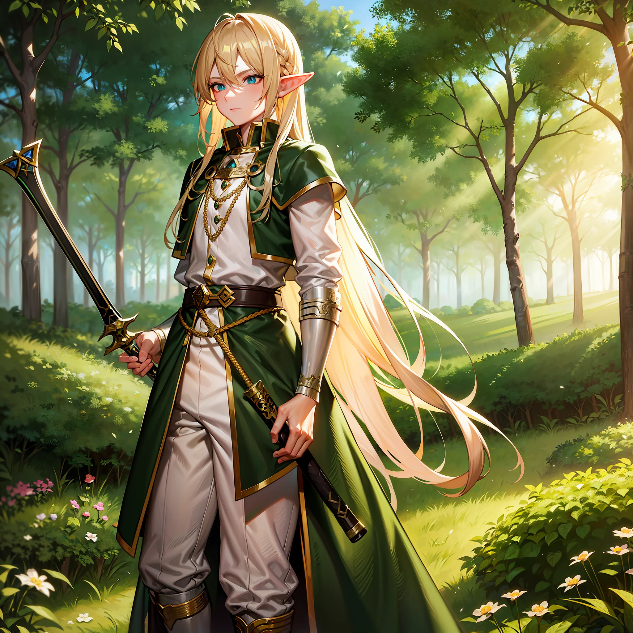 elf male gender, blonde, long hair, warrior clothes, young man, handsome face, strong, hyper detailed, masterpiece, maximum quality, elf costumes, solo focus, 1 man, in a forest, during the day, bright light, 8k, holding a sword, detailed sword, anime style, green long cape in the wind