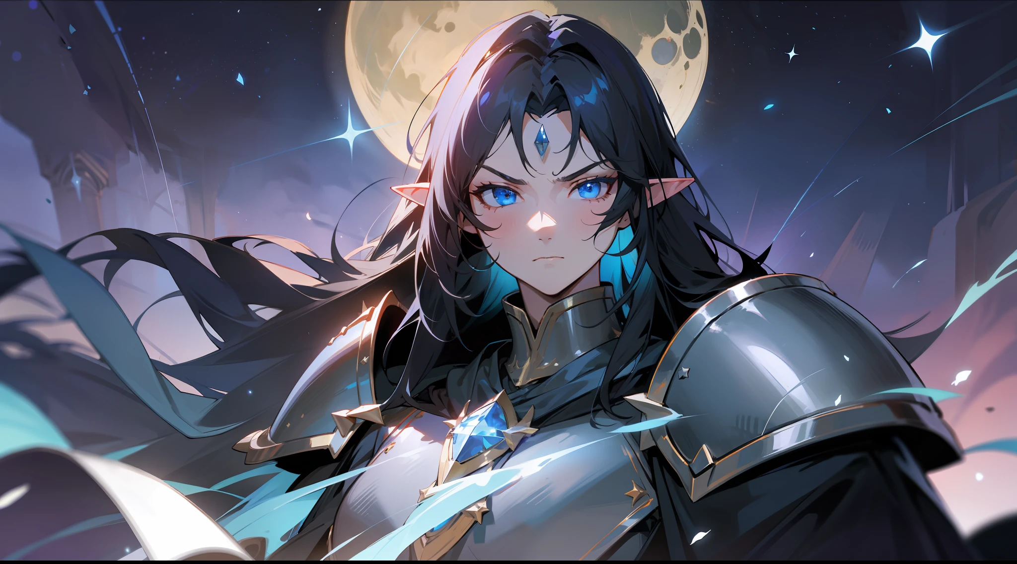 elf, long black hair, blue eyes, paladin, black heavy armor, dark blue cape, giant shoulder pads, heroic pose, serious expression, fantasy, medieval, night, moon, stars, lens reflection, brightness