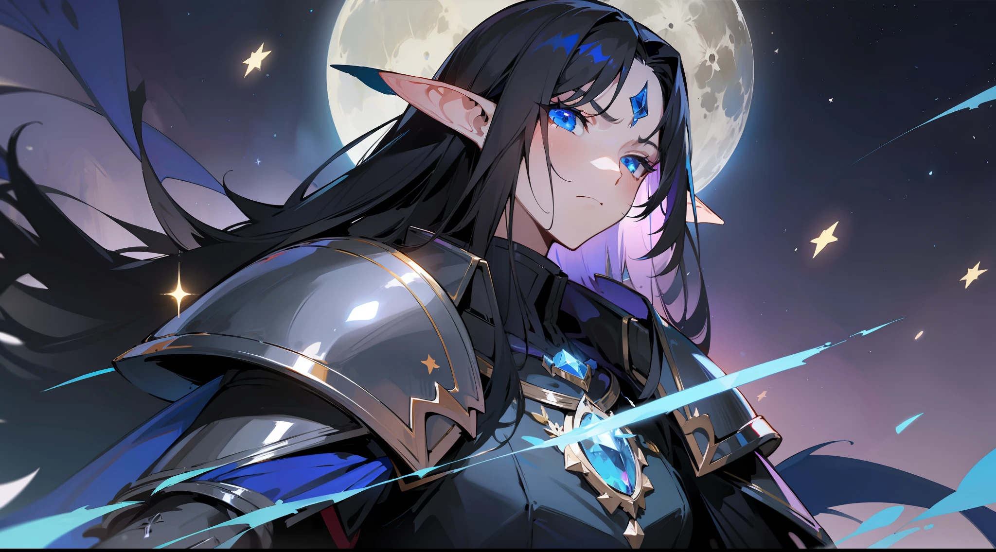 elf, long black hair, blue eyes, paladin, black heavy armor, dark blue cape, giant shoulder pads, heroic pose, serious expression, fantasy, medieval, night, moon, stars, lens reflection, brightness