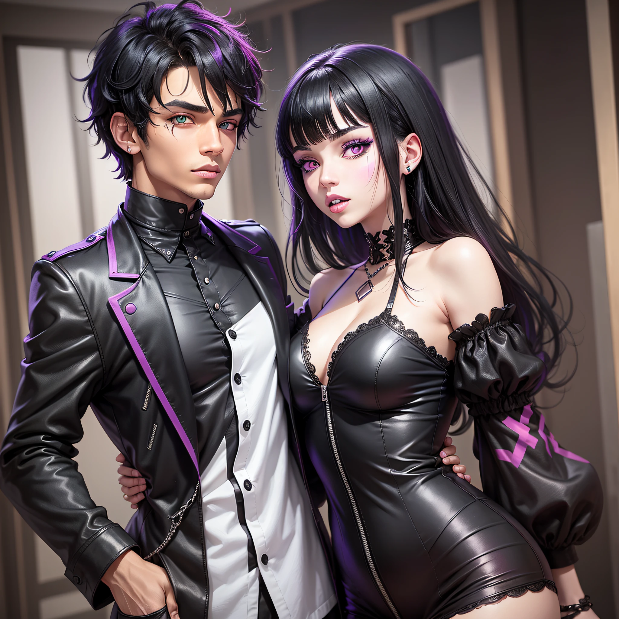 Guy with Light skin with medium black hair, heterochromia, his left eye is orange and his right eye is green kissing a woman with Medium black hair with a front purple bang,white skin with pink eyes, goth clothes --auto --s2