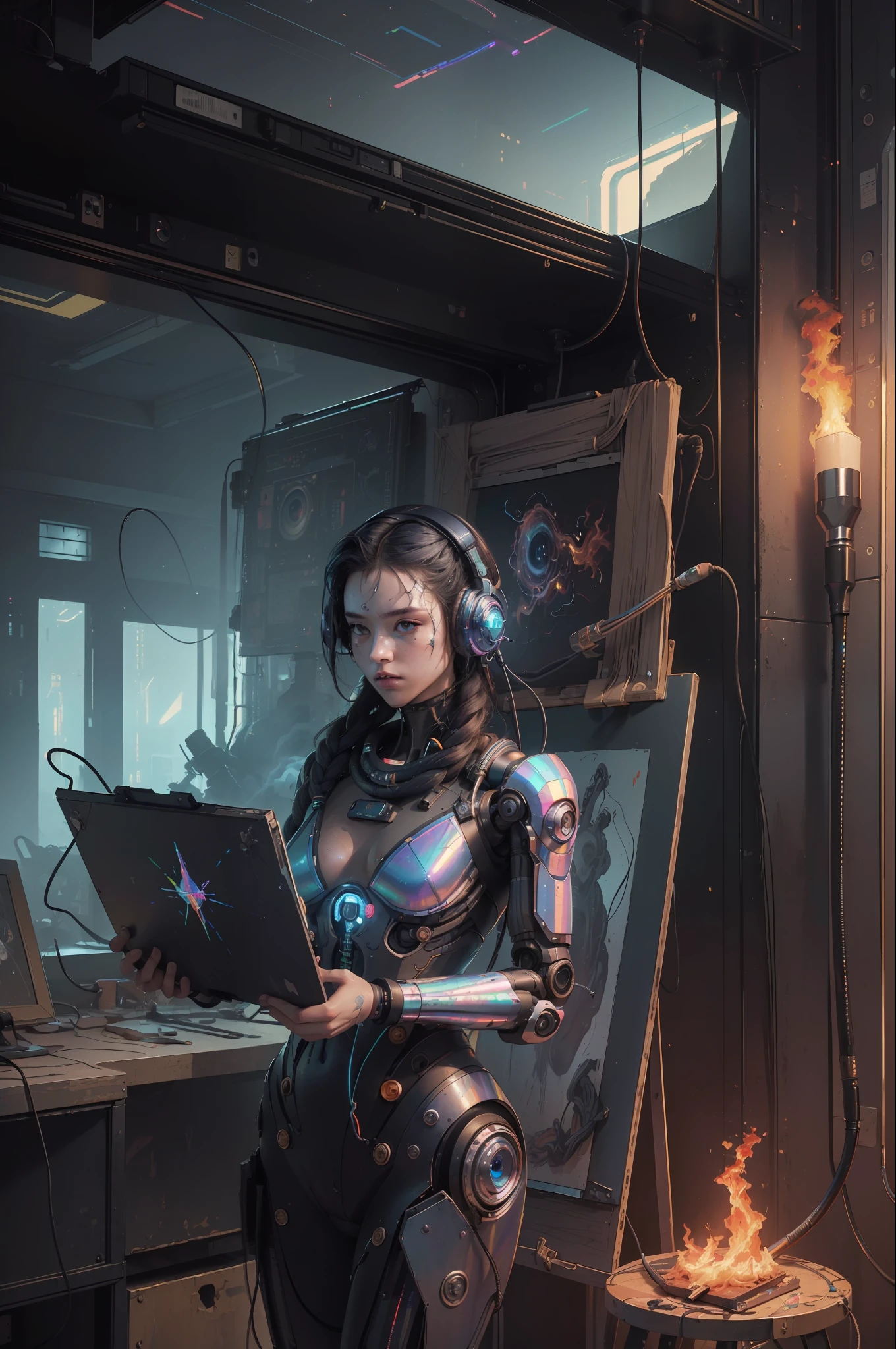 (masterpiece, best quality, highres, absurdres, detailed:1.2), humanoid, robot, wearing headphones, looking away, (cyberpunk, art canvas, paint brush, easel, iridescent, holographic: 1.6), (cables, wires, flames, fire, smoke, overheat, explosion, indoors, room, simple background)