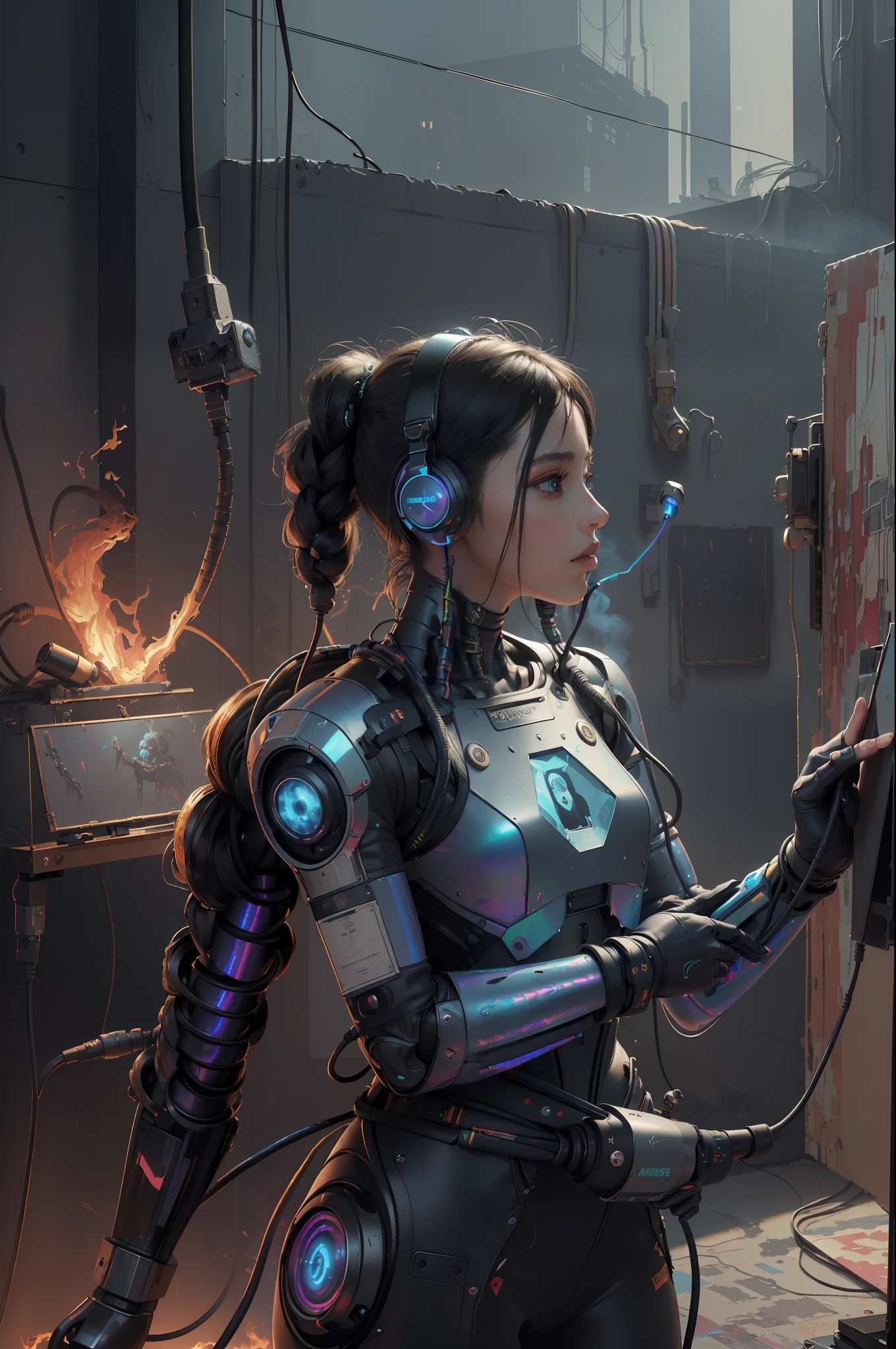 (masterpiece, best quality, highres, absurdres, detailed:1.2), humanoid, robot, wearing headphones, looking away, (cyberpunk, art canvas, paint brush, easel, iridescent, holographic: 1.6), (cables, wires, flames, fire, smoke, overheat, explosion, indoors, room, simple background)