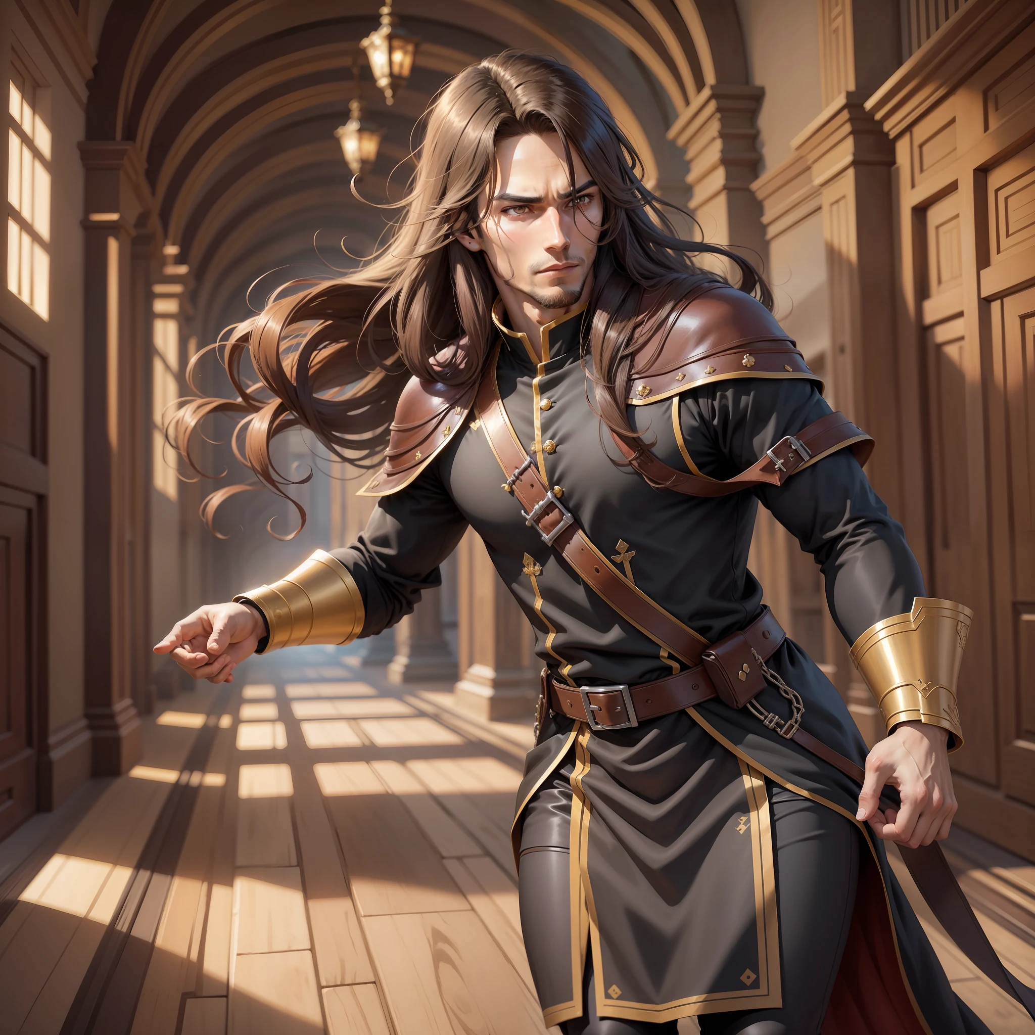 Realistic image of a handsome, strong, long, brown hair, brown eyes, dressed in simple black costumes with no alchemist style details, anime character style art,An expression of urgency on his face, Running through the halls of a royal palace
