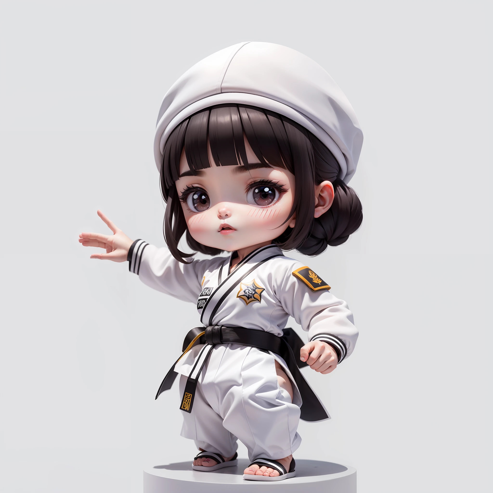 A girl, wearing Korean wrestling uniform (all-white uniform, white dobok with black collar, wearing a black belt at the waist and white pants), Taekwondo, full body, hair pinned, professional wrestling athlete, does not wear a hat, bare foot, chibi