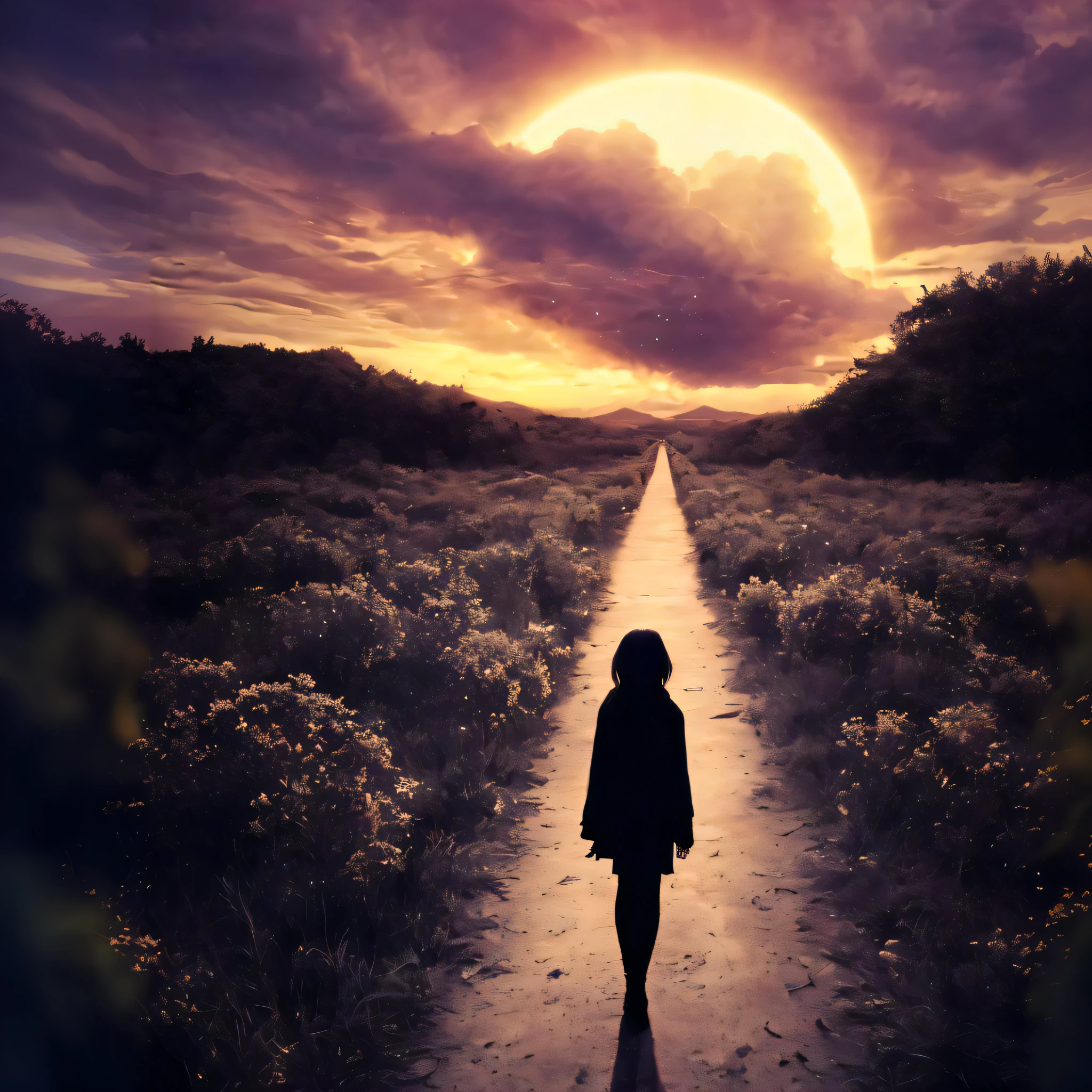 arafed image of a person walking down a dirt road at sunset, she is approaching heaven, going forward to the sunset, lost in a dreamy fairy landscape, surreal scene, walking away, walking towards the full moon, she is arriving heaven, pathway, leading to a beautiful, mystical setting, surreal photo, dreamy scene, artwork about a road to freedom