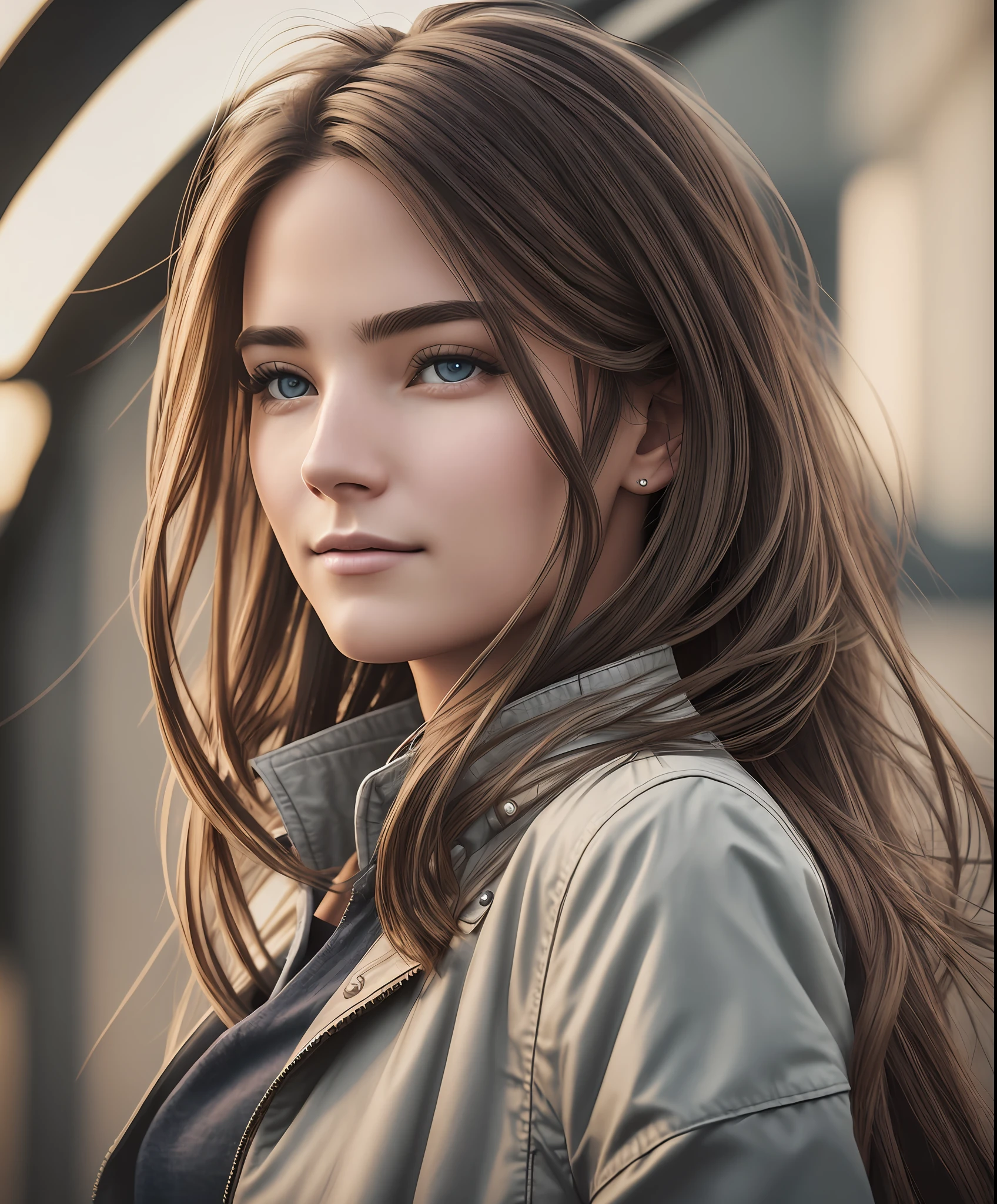 realistic photo of 1 female, Shoulder-length hair, slightly smile, wearing long jacket, close-up, cinematic lighting, motion lines, UHD, super detail, 16k --auto --s2