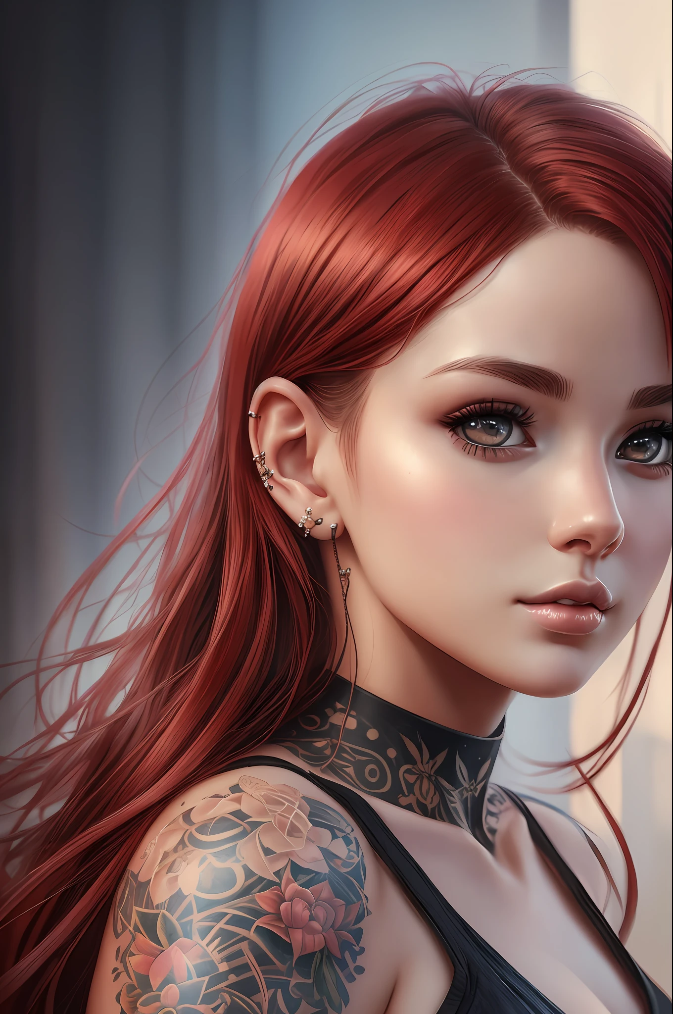 realistic girl with tattoos and piercings posing for a photo, straight red hair, hair with many details, beautiful sensual neckline, 25 years old, large breasts, belly tattoo, 8k artgerm bokeh, fanart best artstation, render photorealistic girl, guweiz-style art, inspired by WLOP, ig model | artgerm, detailed portrait of realistic girl, stunning portrait of realistic face, beautiful portrait, deviantart artstation cgscosiety --auto --s2