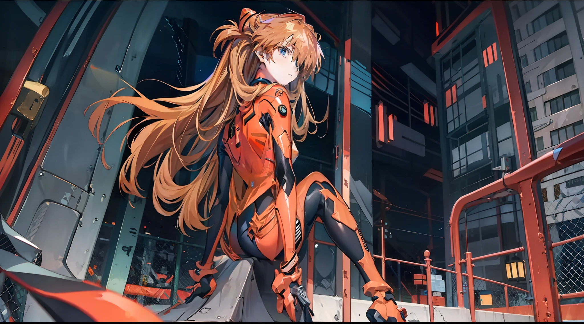 ((masterpiece,best quality, detailed)), full body, night, cityscape, souryuu asuka langley, interface headset, multicolored bodysuit, eyepatch