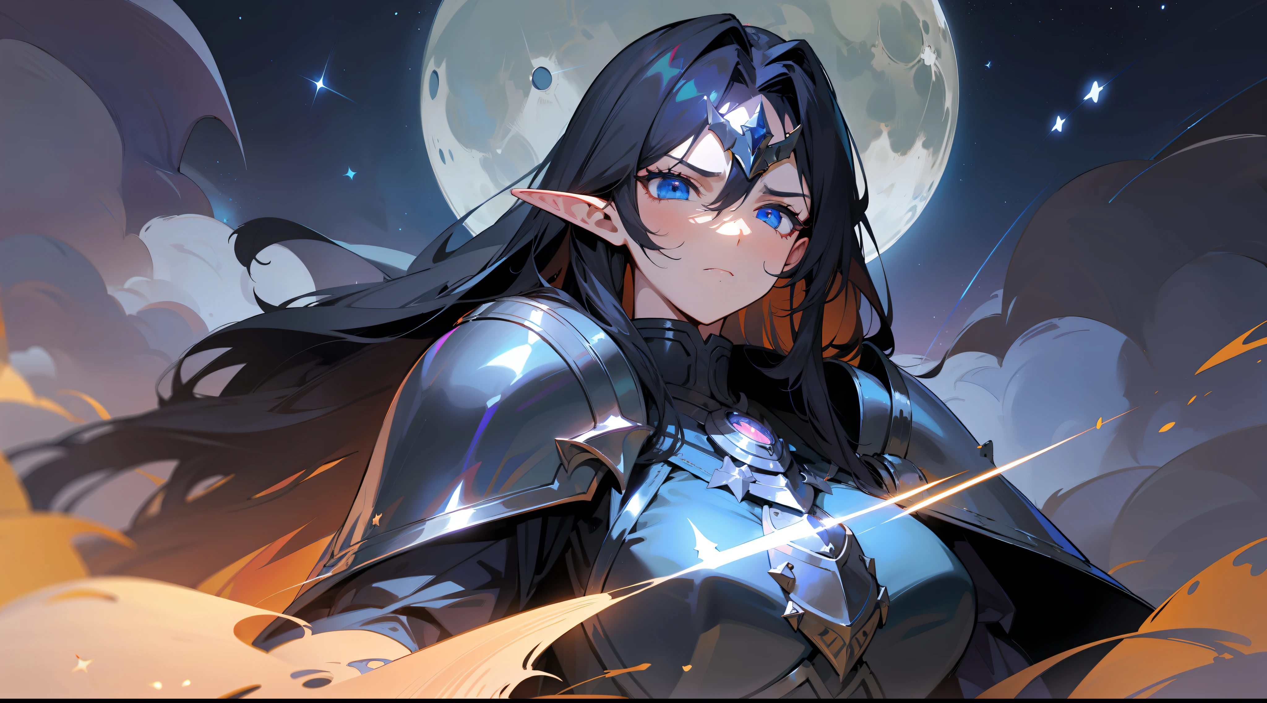 elf, long black hair, blue eyes, paladin, black heavy armor, dark blue cape, giant shoulder pads, heroic pose, serious expression, fantasy, medieval, night, moon, stars, lens reflection, brightness