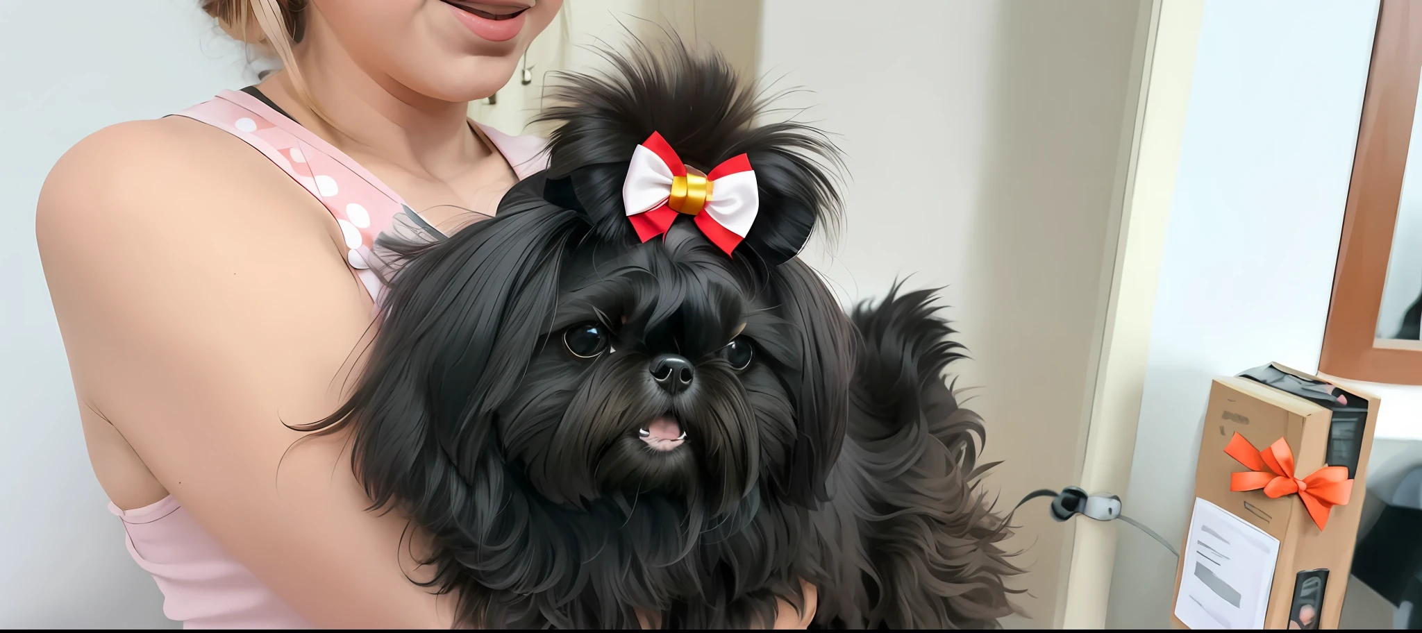araffe dog with a bow on its head being held by a woman, shih tzu, a red bow in her hair, by Emma Andijewska, red bow in hair, by Maksimilijan Vanka, holding her yorkshire terrier, by Silvia Dimitrova, by Aya Goda, wearing hair bow, by Nándor Katona