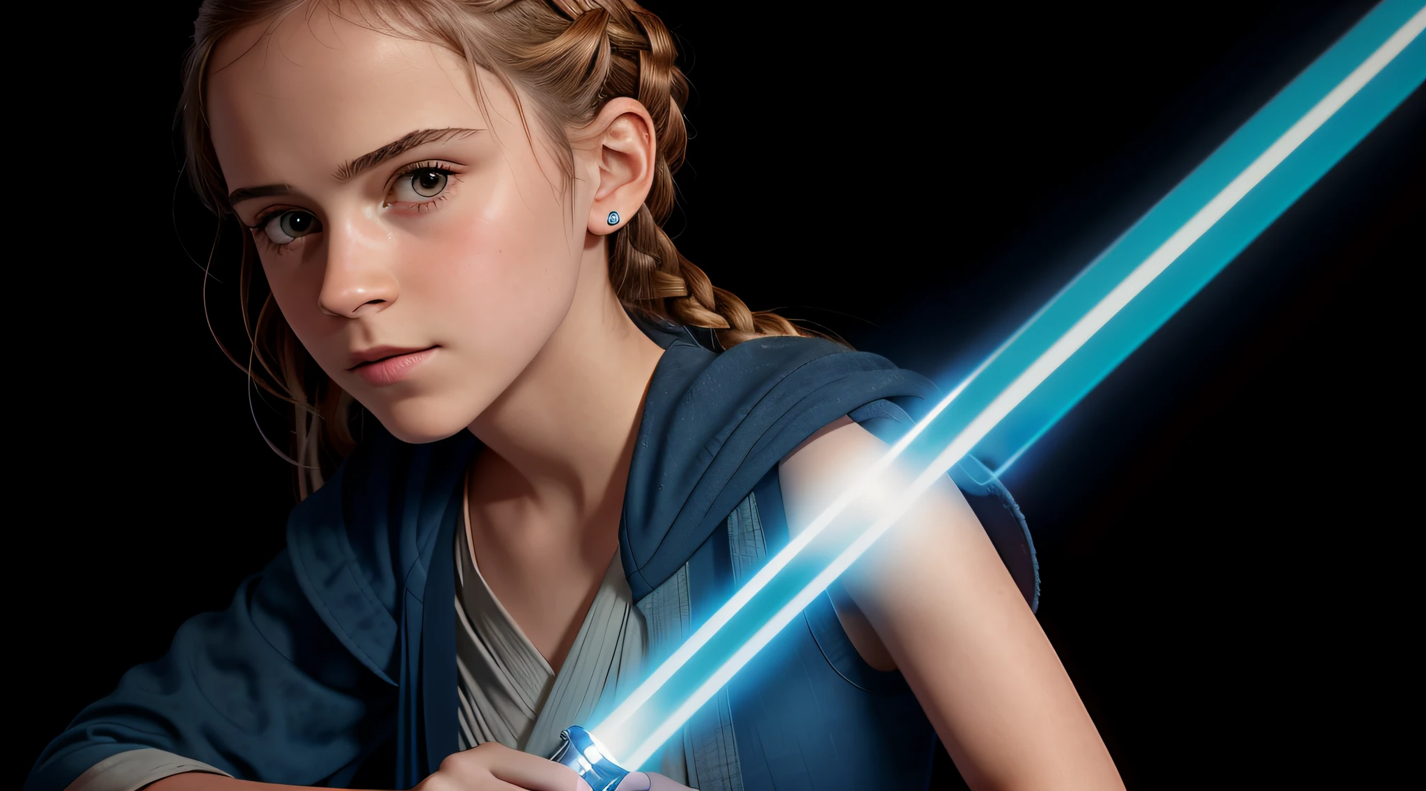 RUSSIAN CHILD GIRL WITH 10 YEARS, WITH LONG STRAIGHT BLONDE HAIR WITH BRAIDS, PORTRAIT STYLE, CLOSE UP, in a blue dress holding a lightsaber, holding the lightsaber 4 K, Lampsaber wallpaper 4 K, holding a blue lightsaber, HQ 4k wallpaper, blue lightsaber,  Emma Watson in Star Wars, Cal Kestis lightsaber wallpaper, HQ 4k phone wallpaper, blue lightsaber, the last Jedi, last Jedi, HD