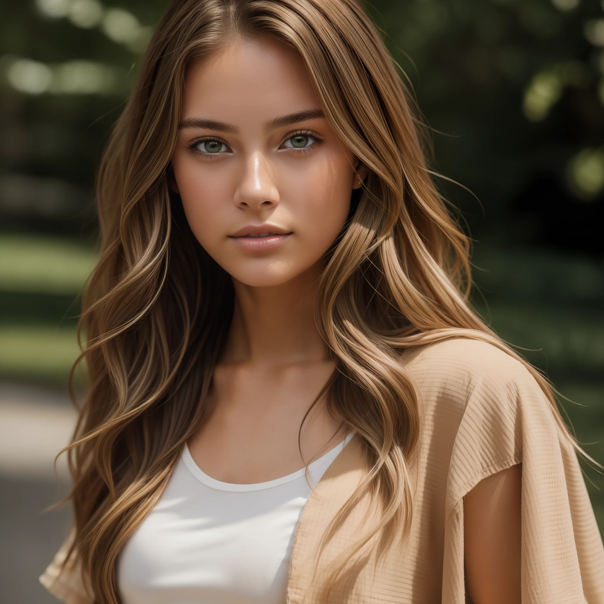 jp_style person, portrait of the beautiful age model, wavy brown hair with blonde highlights, deep green eyes, very tanned textured skin, puffed sleeved shirt, (8k, RAW photo, best quality, masterpiece: 1.2), (realistic, photorealistic: 1.37), ultra detailed, (high detail skin: 1.2), 8k uhd, DSLR, soft lighting, high quality, film grain, Fujifilm XT3, Professional lighting