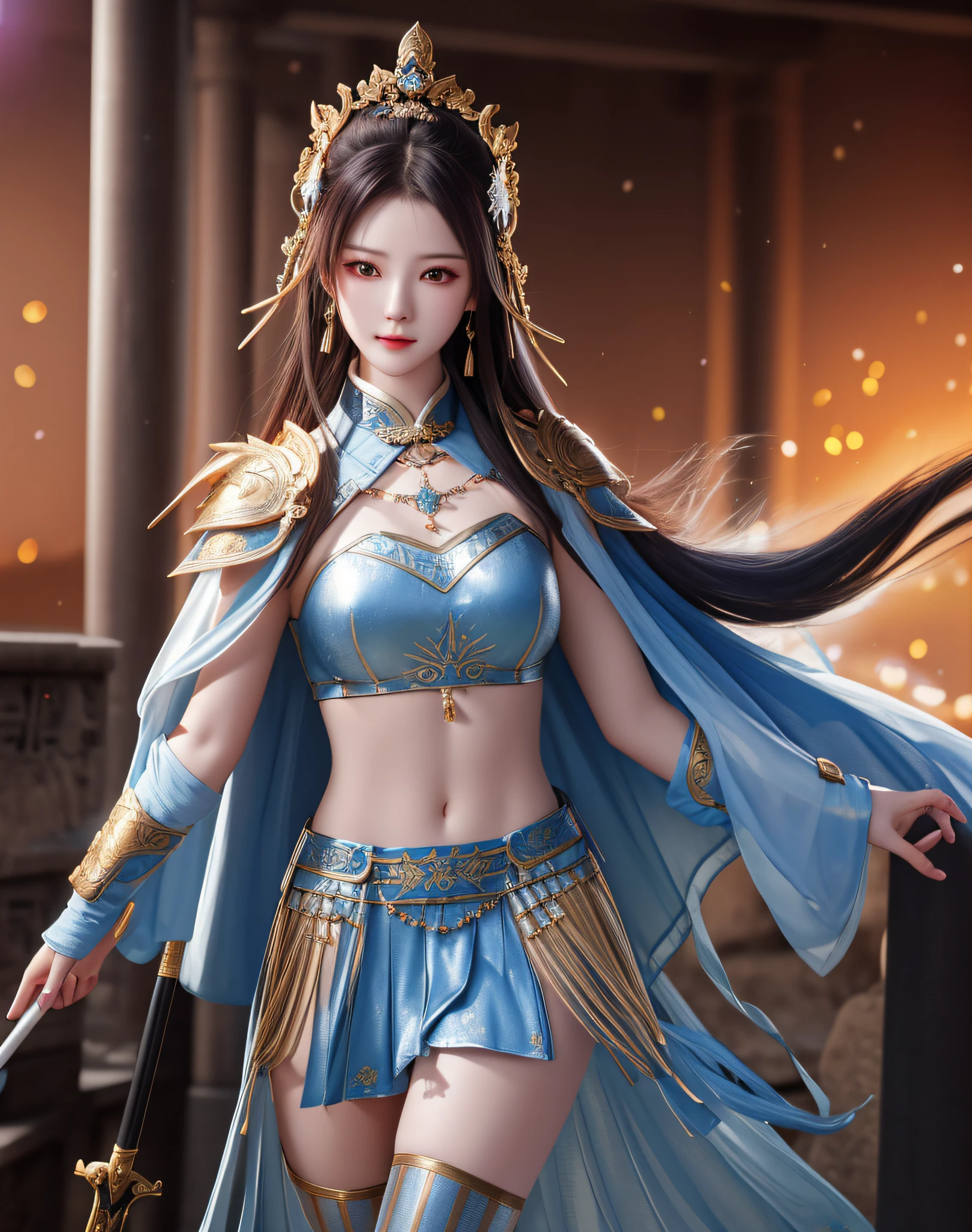 best quality, masterpiece, high resolution, 1girl, ancient chinese battlefield background, metal armor, cape, metal collar, ancient spear, hair ornament, necklace, jewelry, beautiful face, upon_body, tyndall effect, realistic, dark studio, edge lighting, duotone lighting, (high detail skin:1.2), 8k uhd, dslr camera, soft lighting, high quality, volumetric lighting, frank, photos, high resolution, 4k, 8k, bokeh, silver bikini armor, Ancient metal spear, chest embroidered phoenix, metal cuirass, tight, bare arms, weapons, short bracers, stockings, weapons
