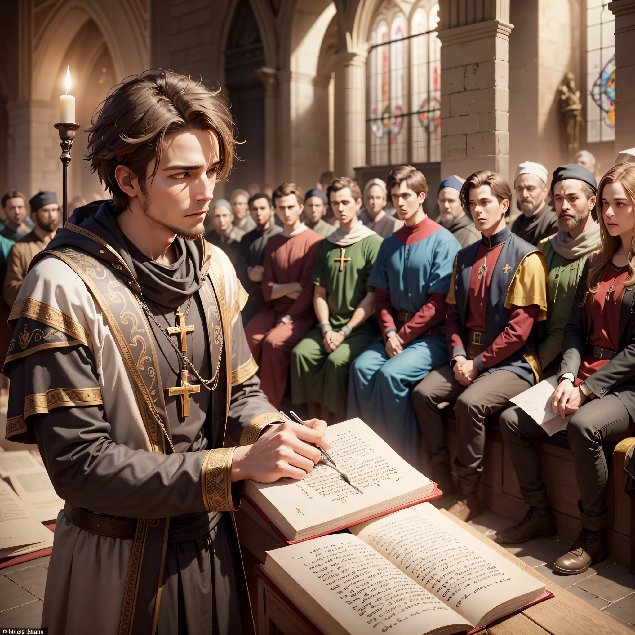 Create an image that depicts the message of Timothy's letter, highlighting the importance of faith and true doctrine to the Christian life. In the image, include a scene where Timothy is speaking to a crowd of people, seeking to share the truths he learned from Paul. In the background, place a picture with a painting of the cross, symbolizing the center of the Christian message. The colors can be vibrant and the lighting can highlight the importance of Timothy's message, bringing a sense of hope and inspiration to the scene. Some words that can be included in the image include "Faithfulness," "Love," "Truth," "Doctrine," and "Salvation," emphasizing the importance of these values to Timothy and to all believers --auto --s2