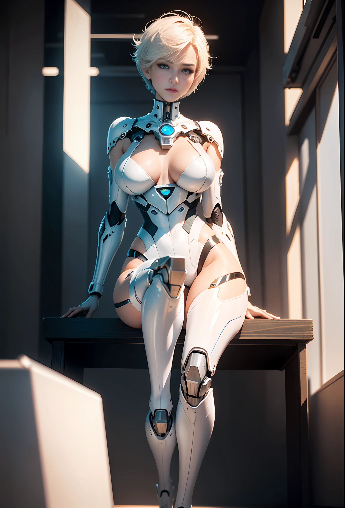 (8k, masterpiece, best quality), super detail, beautiful fine eyes with beautiful details, exquisite and detailed face, high quality, high resolution, beautiful hairstyle, realistic eyes, beautiful detailed eyes, (realistic skin), facing the audience, robot girl wearing sexy costume, wearing revealing, super large breasts, upper part of breasts not covered, white transparent tights, mecha, mechanical room, single, expressionless, white men's short hair, mechanical prosthesis, mechanical legs, mechanical body, knee stilettos, knees, sexy, Unreal 5, Full-Shot Angle