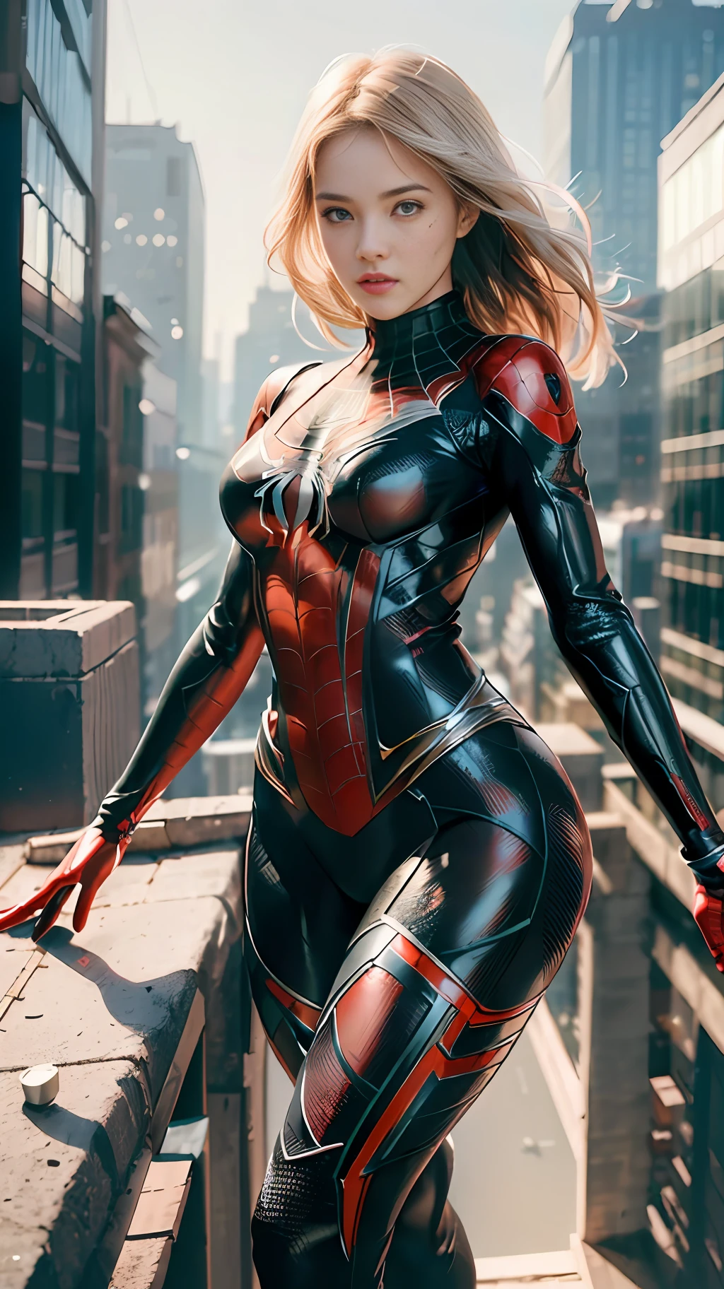 (1girl:1.3), Solo, (((Very detailed face)))), ((Very detailed eyes and face)))), Beautiful detail eyes, Body parts__, Official art, Unified 8k wallpaper, Super detailed, beautiful and beautiful, beautiful, masterpiece, best quality, original, masterpiece, super fine photo, best quality, super high resolution, realistic realism, sunlight, full body portrait, amazing beauty, dynamic pose, delicate face, vibrant eyes, (from the front), She wears Spider-Man suit, red and black color scheme, spider, very detailed city roof background, rooftop, overlooking the city, detailed face, detailed complex busy background, messy, gorgeous, milky white, highly detailed skin, realistic skin details, visible pores, clear focus, volumetric fog, 8k uhd, DSLR, high quality, film grain, fair skin, photo realism, lomography, futuristic dystopian megalopolis, translucent