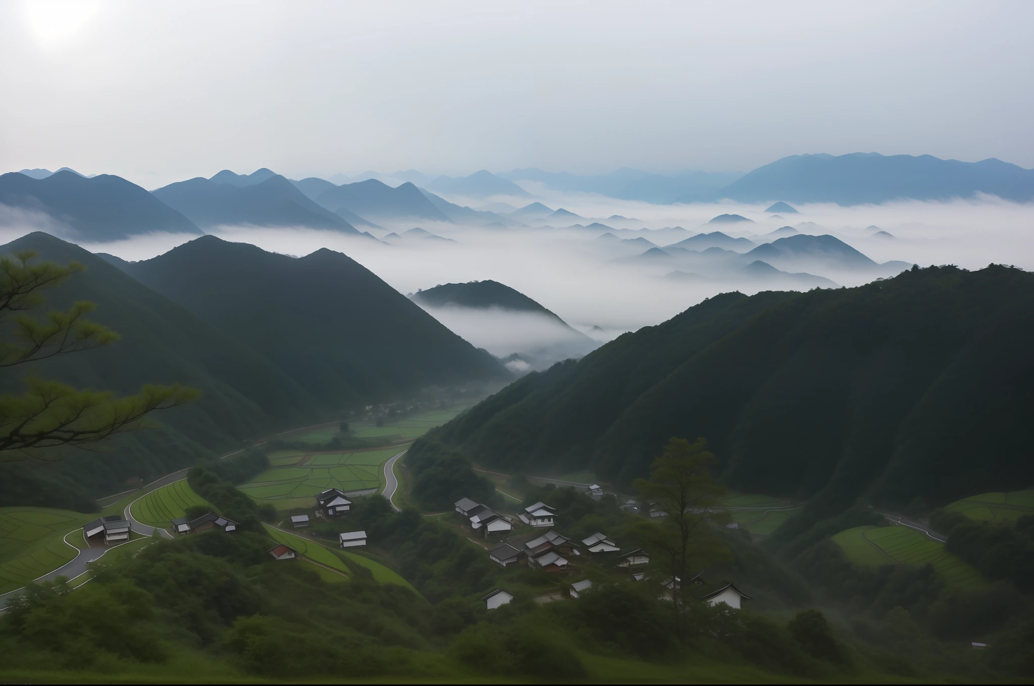 mountains covered in mist and low clouds with a road winding through them, korean countryside, mist in valley, countryside in japan, dark misty foggy valley, japanese countryside, zhangjiajie in early morning, misty mountains, mists, japense village in background, low clouds after rain, rural japan, valley mist, overlooking a valley, chinese landscape