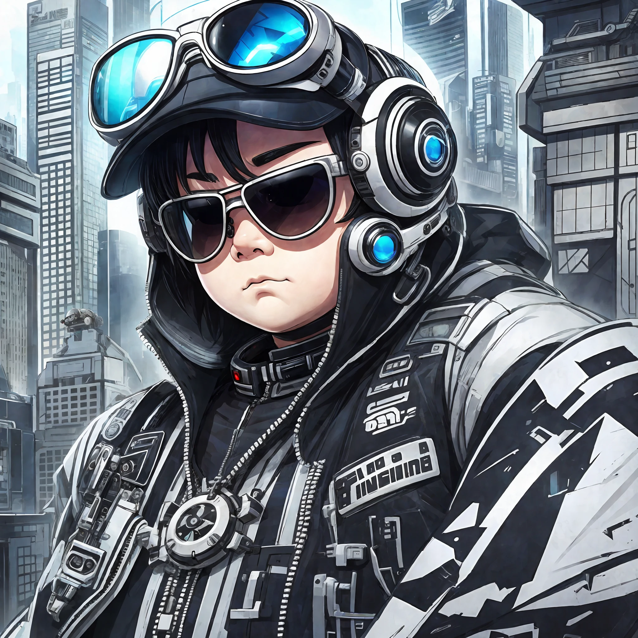 Cool post with sunglass, cute Chibi fat boy , cybernetic and futuristic fashion, white and black theme --auto --s2