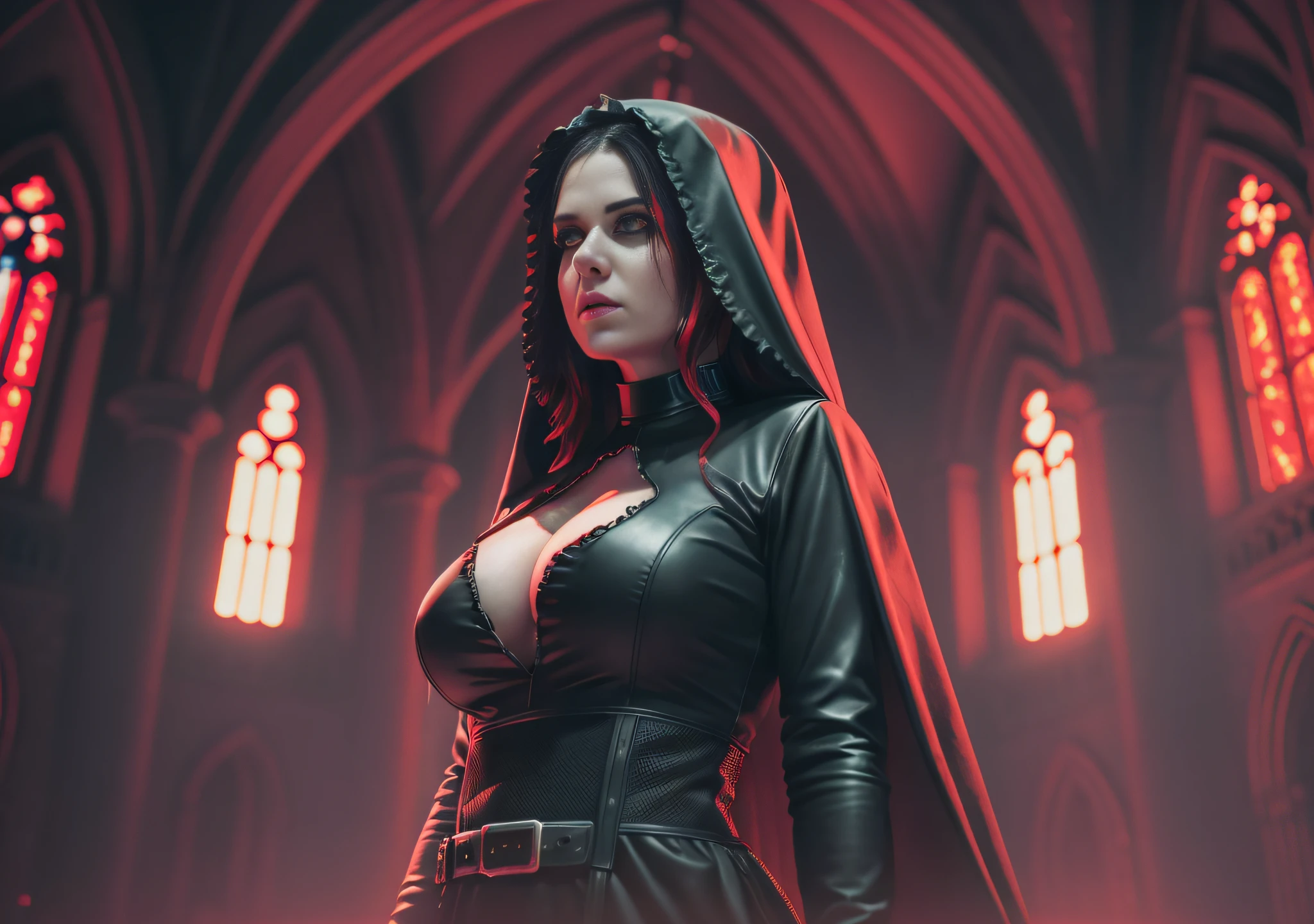 woman dj nun, dark, horror, red tones, gothic church in the background, ultra realistic, horror movie lighting, scary, chaos, neon lights in the background, realistic, dark, huge breast, Fujifilm Fujichrome Provia 100F movie, flashlight, ultra realistic, 8K UHD. --auto --s2