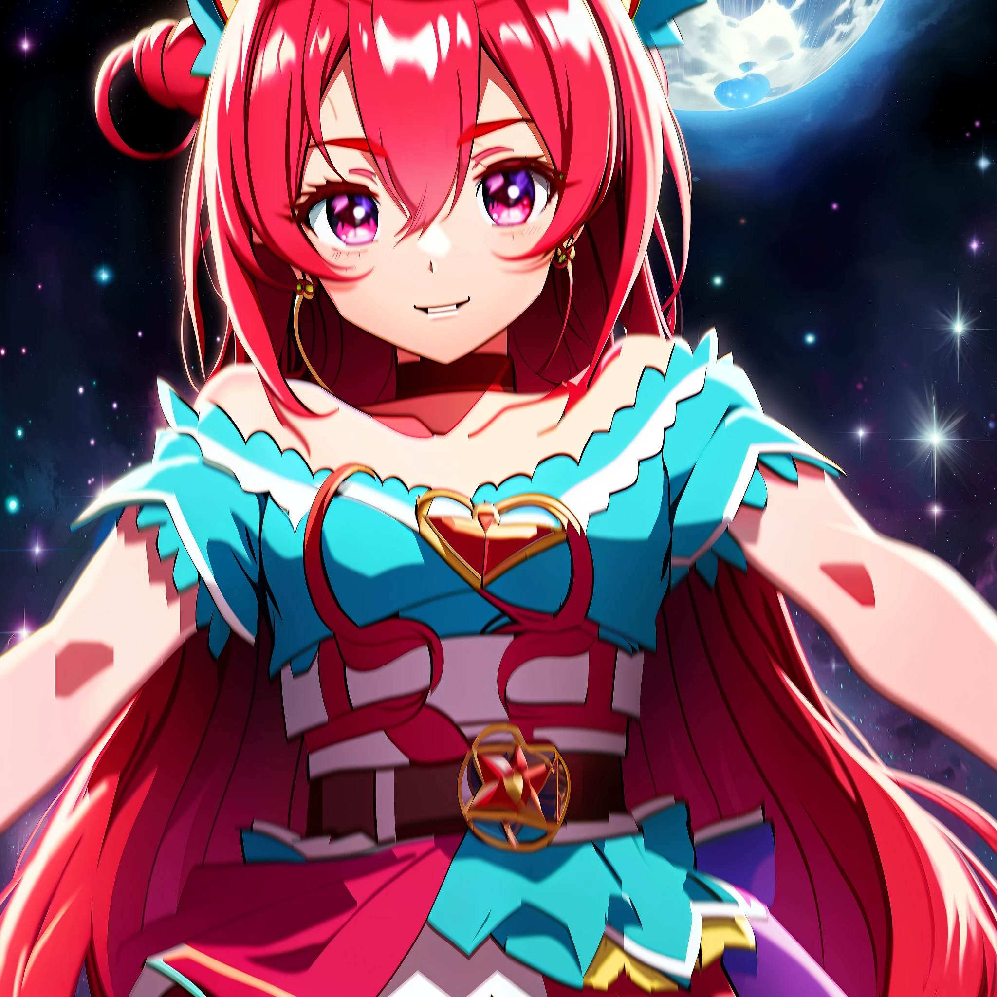 anime girl with long red hair and blue dress in front of a full moon, anime style 4 k, macross delta, portrait anime space cadet girl, magical girl anime mahou shojo, anime princess, pink twintail hair and cyan eyes, marin kitagawa fanart, rin, anime best girl, anime! 4k, anime! 4 k