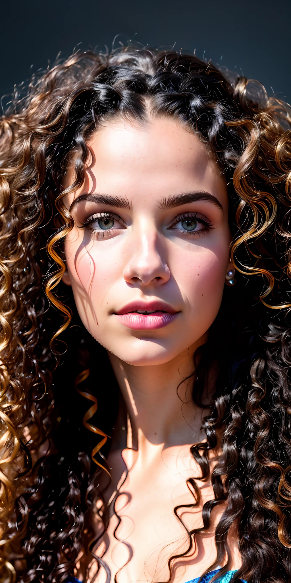 (8k, RAW photo, highest quality), a nude beautiful woman with long curly hair and a black background is looking at the camera with a serious look on her face, chubby, (sparkling heterochromia eyes:1.2), (Pretty latino girl, african mixed), (black skin woman)++, Chinwe Chukwuogo-Roy, portrait photography, defined facial features, studio portrait, a portrait, american barbizon school, vsco, age 20, European model, (8k UHD:1.1), (film grain:1.1), (raw photo:1.1), full resolution, highly detailed skin, detailed hair, dslr, sharp focus, high definition, high quality photography, intricate