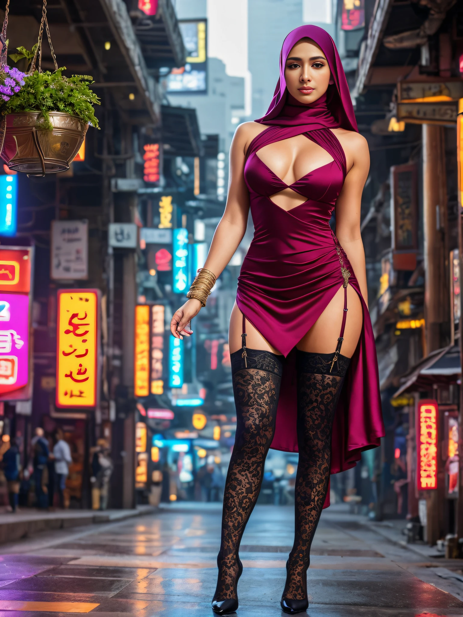 (Full length body) photo stunning (hijab)1.2 woman solo, semi-open strawberry lips, dimples, wistful look, (extra long wavy [brown|blonde:0.5] hair), ((detailed face)), ((detailed facial features)), (finely detailed skin), perfect thighs and legs, pale skin, (deep neckline detailed high-tech cyberpunk tight  dress), (high stockings), stiletto pumps, standing legs parted, front view, cyberpunk megacity oriental Arabic Persian city, hanging garden background, (cool colors), lace silk cotton fabric, reflections, (masterpiece) (perfect proportion)(realistic photo)(best quality)  (detailed) shot on a Canon EOS R5, F/2.8, HDR, (8k) (wallpaper) (cinematic lighting) (dramatic lighting) (sharp focus) (intricate), RAW photo, stockings straps, stiletto, arms back, 8k uhd dslr, Fujifilm XT3, extremely detailed, photorealistic, incredibly absurd, highly detailed,  Sharp Focus, (Professional Studio Lighting), (Professional Color Grading), Edge Lighting, Dramatic Lighting, Cinematic Lighting, Lumen Reflections, Soft Natural Lighting, Soft Color, Photon Mapping, Radiosity, (Beautiful Eyes), (Detailed Eyes), (Detailed Face), Symmetrical Eyes, Sharp Eyes, Cold Face, Full Body, Model Photo, Cinematic Photo, slim Bodybuilder