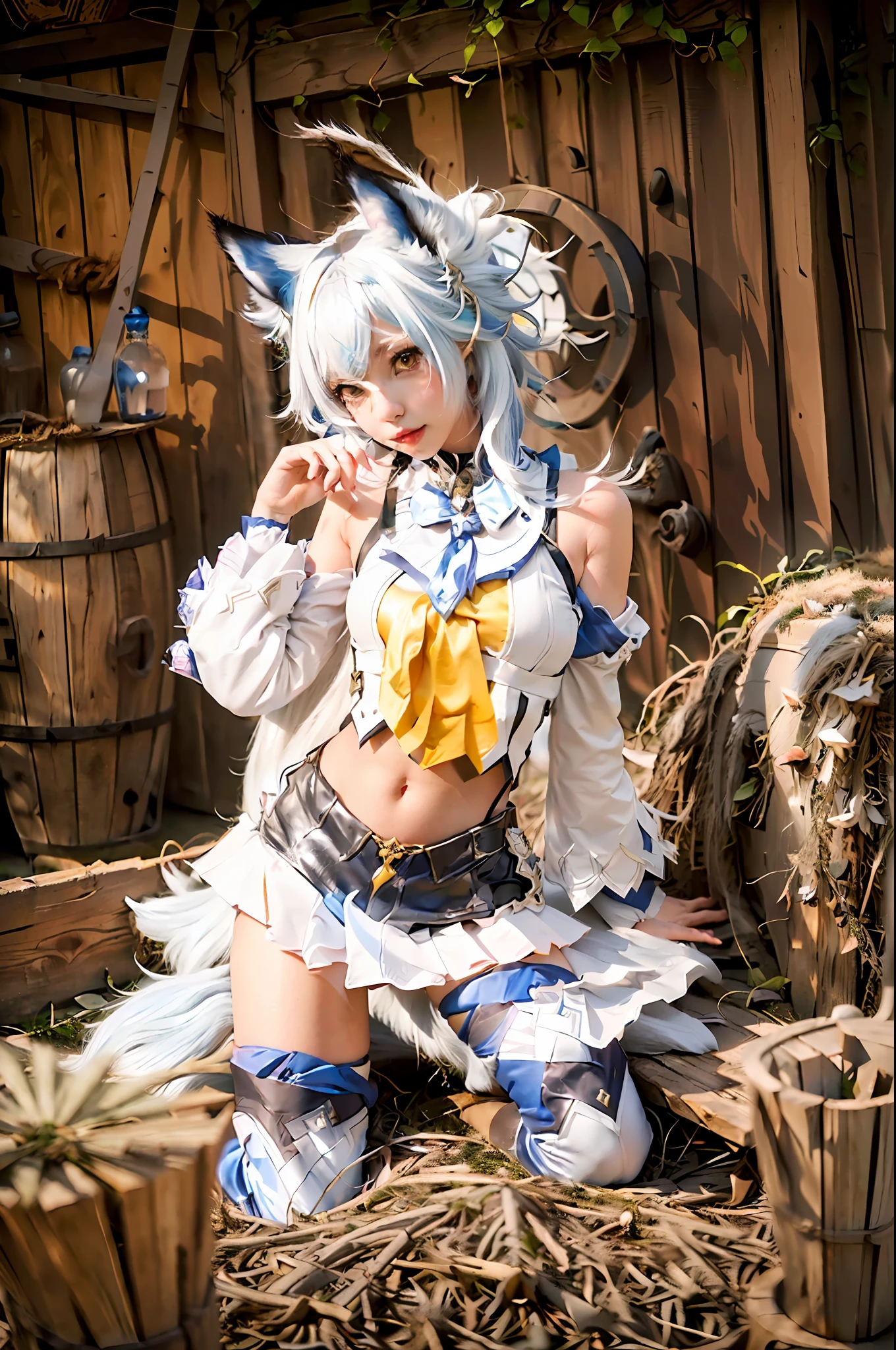 there is a woman in a costume sitting on hay with a goat, anime girl cosplay, female furry mini cute style, anime cosplay, white cat girl, ahri from league of legends, cosplay, white fox ears, attractive cat girl, white - haired fox, holo is a wolf girl, neko, ahri, cosplay photo, rin, fox nobushi