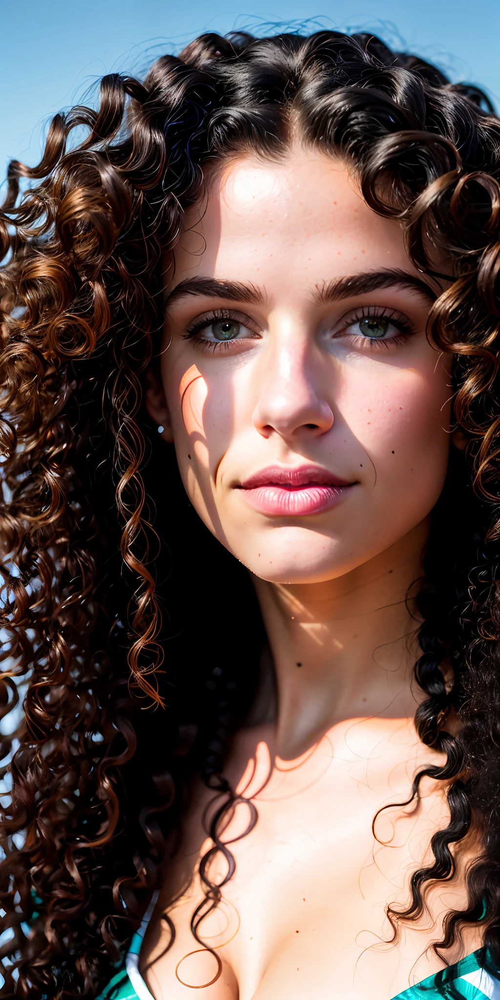(8k, RAW photo, highest quality), a nude beautiful woman with long curly hair and a black background is looking at the camera with a serious look on her face, chubby, (sparkling heterochromia eyes:1.2), (Pretty latino girl, african mixed), (black skin woman)++, Chinwe Chukwuogo-Roy, portrait photography, defined facial features, studio portrait, a portrait, american barbizon school, vsco, age 20, European model, (8k UHD:1.1), (film grain:1.1), (raw photo:1.1), full resolution, highly detailed skin, detailed hair, dslr, sharp focus, high definition, high quality photography, intricate