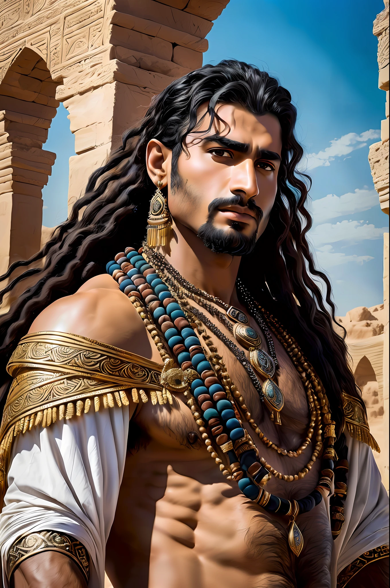 Masterpiece Photography Ultra Realistic, 4K and 12K resolution.
Antar:
Masterpiece Photography Ultra Realistic Description: Antar, the legendary Arab warrior-poet, captivates in a mesmerizing 4K hyper-realistic composition. His strong, rugged features and piercing dark eyes exude a combination of valor and passion. Rich, olive-toned skin glows with a touch of golden warmth, reflecting his noble heritage. Tangled locks of black hair, adorned with traditional Bedouin jewelry, cascade down his shoulders, emphasizing his wild and untamed spirit. Whether dressed in the flowing of a warrior or donning the regalia of a chieftain, every aspect of his appearance embodies the essence of Arabian courage and galla. The hyper-realistic portrayal captures the intricate textures of his garments and the intensity in his gaze, evoking a sense of awe and reverence for this legendary figure.