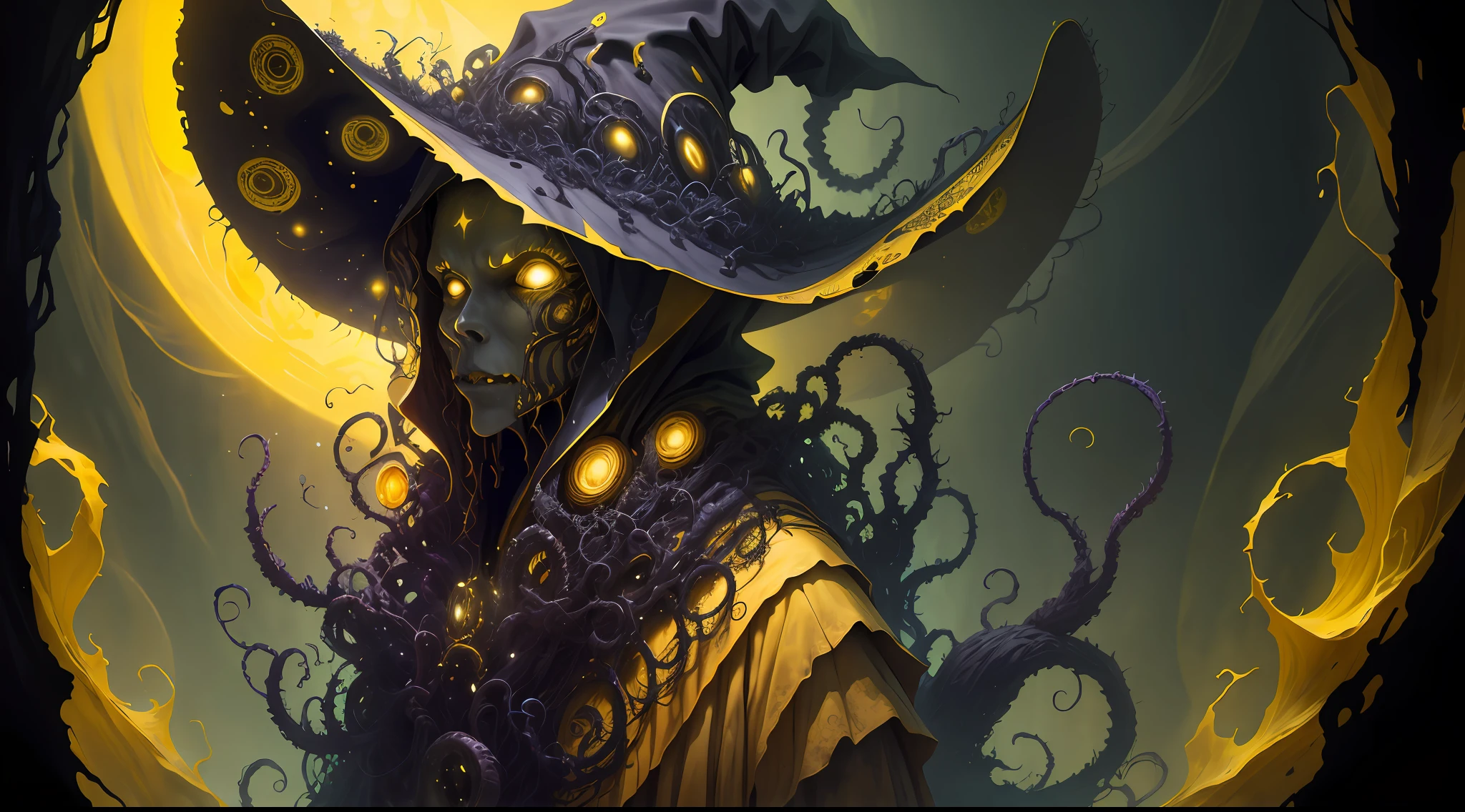 cosmic horror, a monstrous witch with tentacles, yellow and black, horror, dark mood, dark ambient, in a yellow tentacles dark world