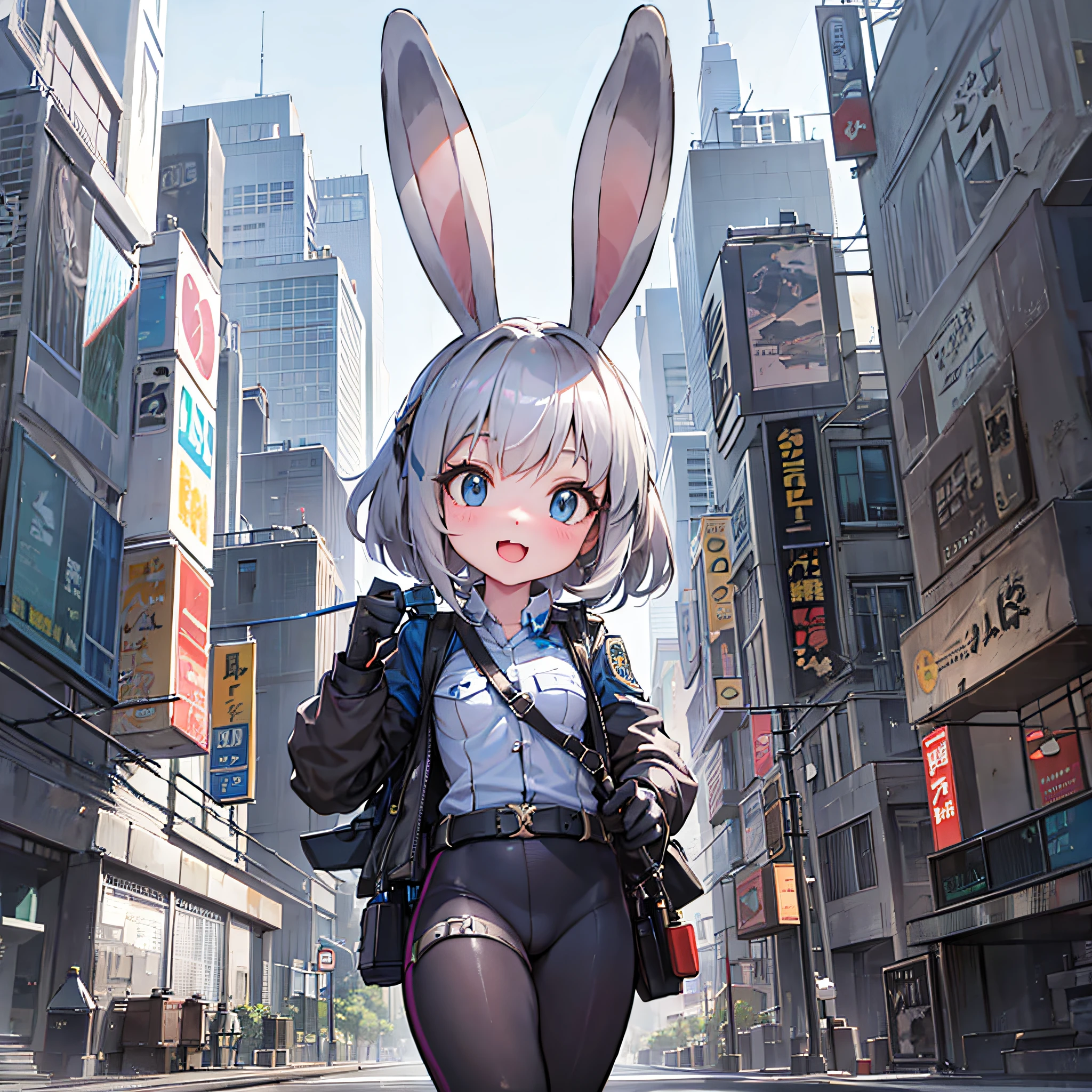 Judy Hopps, zootopia cartoon, rabbit, police uniform, antro rabbit, police car, grey fur, blue eyes, city --auto --s2