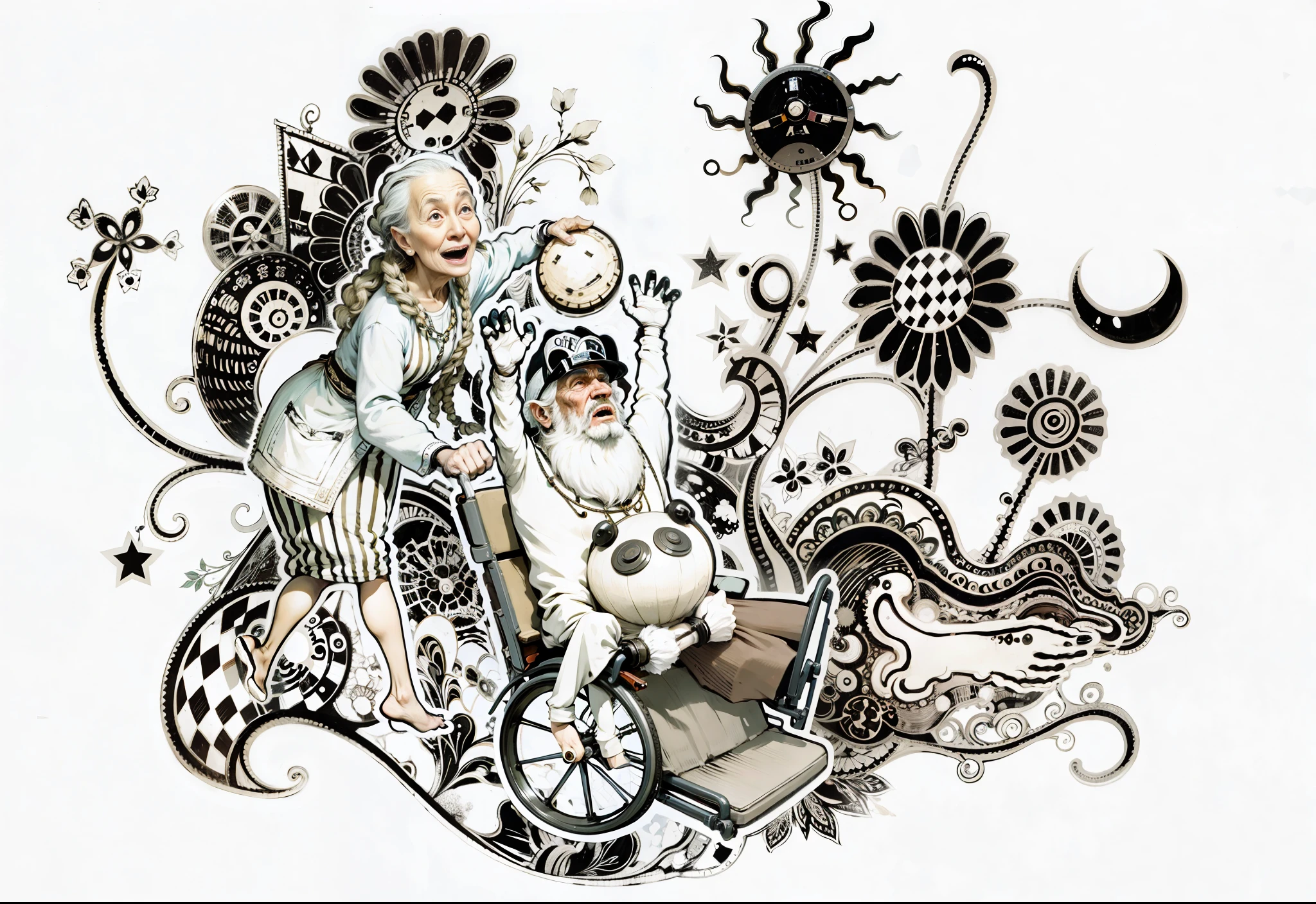 Woman pushing old man in wheelchair, woman holding drum in left hand, bizarre background, 8K, realism, correct anatomy, perfect limbs, perfect fingers, background blur, soft light