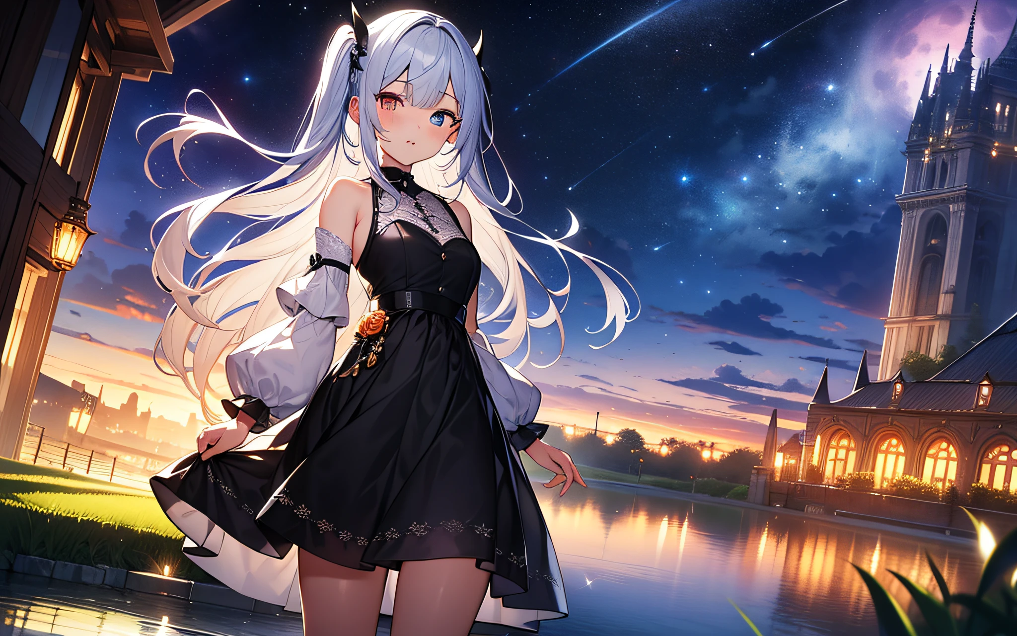 Masterpiece, top quality,ultra-detailed, delicate, orderly, high detail, bluish-silver ponytail, (drooping heterochromia iris: 1.3), little, 15 years old,girl with a gentle smile, shy girl, slender, cowboy shot, blurred background, (one girl), game CG, (glowing eyes: 1.2), ambient occlusion, ray tracing reflection, shine,glowing hair,expansive landscape photograph , (a view from below that shows sky above and open field below), a girl standing on flower field looking up, (full moon:1.2), ( shooting stars:0.9), (nebula:1.3), distant mountain, tree BREAK production art, (warm light source:1.2), (Firefly:1.2), lamp, lot of purple and orange, intricate details, volumetric lighting BREAK (masterpiece:1.2), (best quality), 4k, ultra-detailed, (dynamic composition:1.4), highly detailed, colorful details,( iridescent colors:1.2), (glowing lighting, atmospheric lighting), dreamy, magical, (solo:1.2)